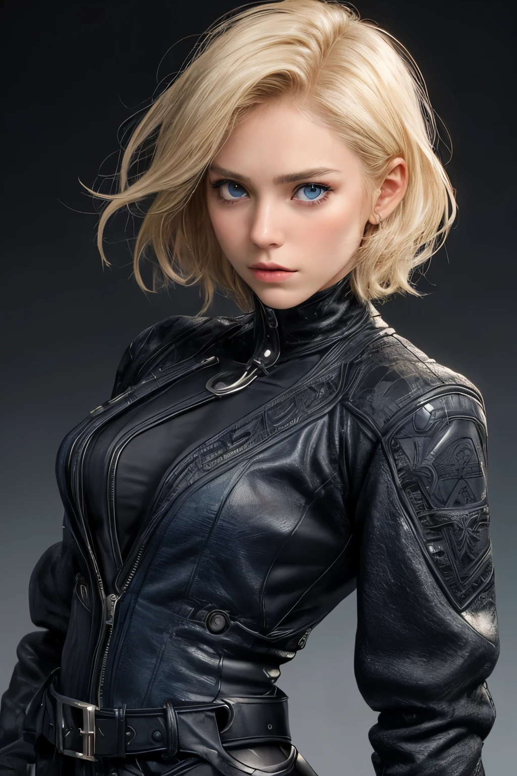 a beautiful 30 year old woman. blonde, short hair, straight hair. vibrant blue eyes. white skin, thin face, thin nose. thin eyebrow. expression would be. strong, fitness, strong body, muscular woman, thick and muscular thighs. thin waist. thin neck. Black leotard, black leotard, tight body-hugging leotard, black leather jacket, black tactical pants. high boots. standing, front view, standing, black gloves, gun holster on waist, hero outfit. studio lights. blurred background. Breathtaking cinematic photo, intricate details, shallow depth of field, epic, beautiful, masterpiece, award-winning, professional, highly detailed, detailed skin texture, (((best quality)), ((ultra resolution)), ((photorealistic: 1.4)), (intricate details) camel