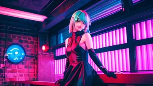 Lively anime style、cyberpunked、Interior with red, green, and blue tones、Beautiful girl with light pink hair、Dress appearance、put your hair up、pc wallpaper