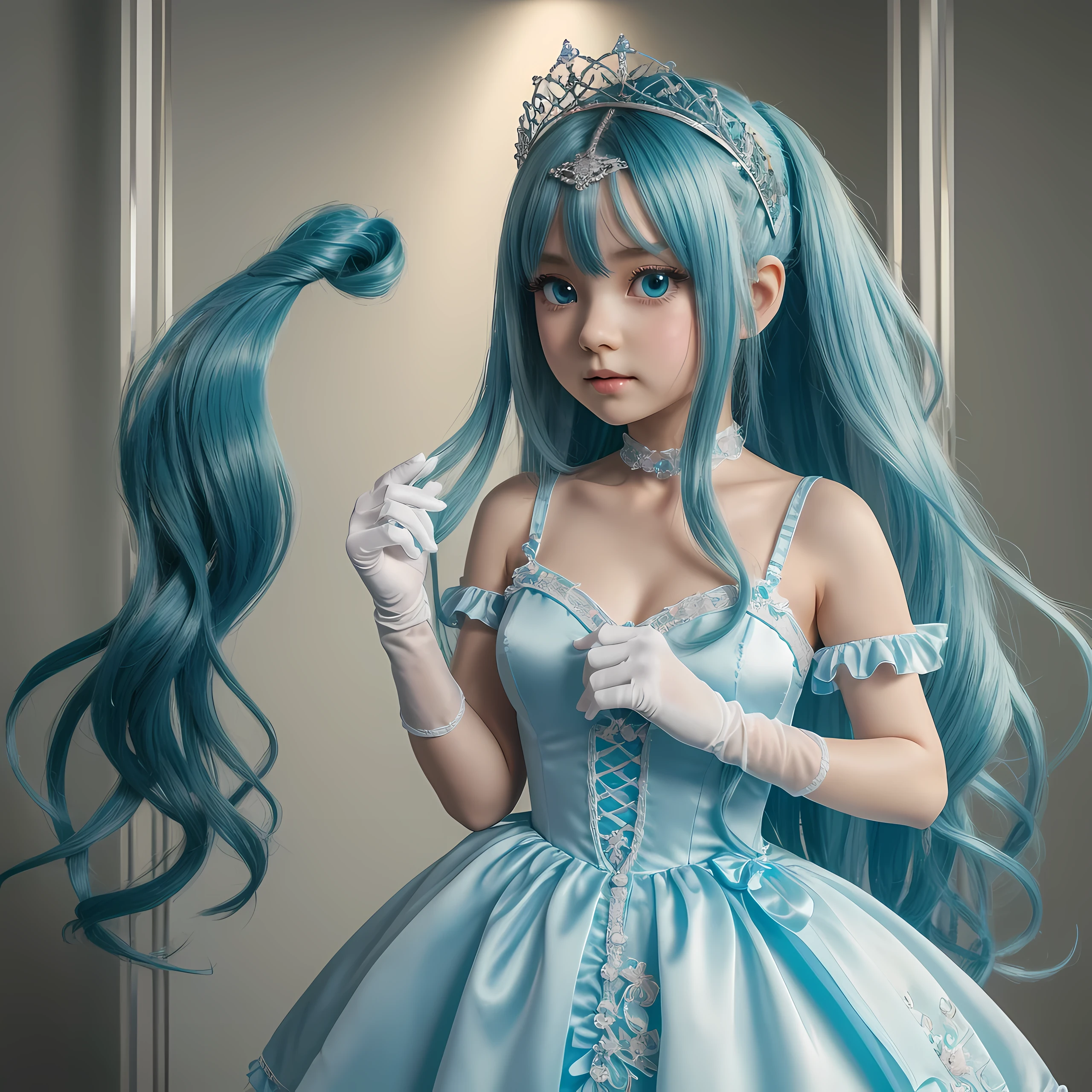 (artwork), (amazing work), (indirect linear lighting), (Chibi-cute studios), (Gif cute anime), (cute cute kawaii), (extremely detailed CG 8k unit wallpaper), (1girl) wearing cute dress, long blue hair with cute ruffled tiara, wearing silk gloves, white skin, green blue eyes, (cute kawaii)