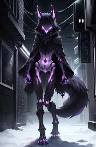 girl, wolf, demon, slender, ((protruding hipbone)), black stealth suit, purple glowing eyes, cyborg digitigrade legs, furry tail, ((protruding rib bones)), lace poncho, night, snowy alley,