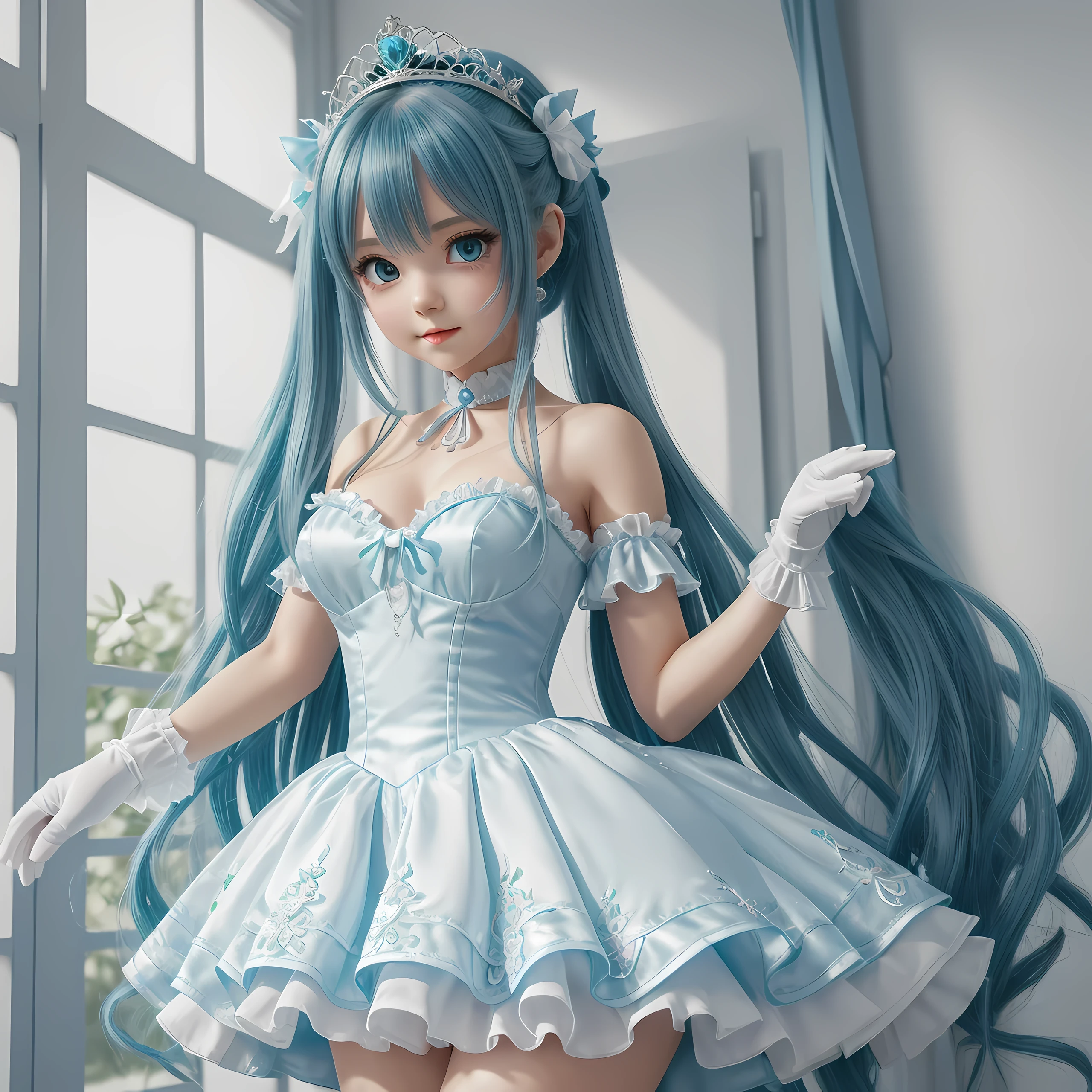 (artwork), (amazing work), (indirect linear lighting), (Chibi-cute studios), (Gif cute anime), (cute cute kawaii), (extremely detailed CG 8k unit wallpaper), (1girl) wearing cute dress, long blue hair with cute ruffled tiara, wearing silk gloves, white skin, green blue eyes, (cute kawaii)