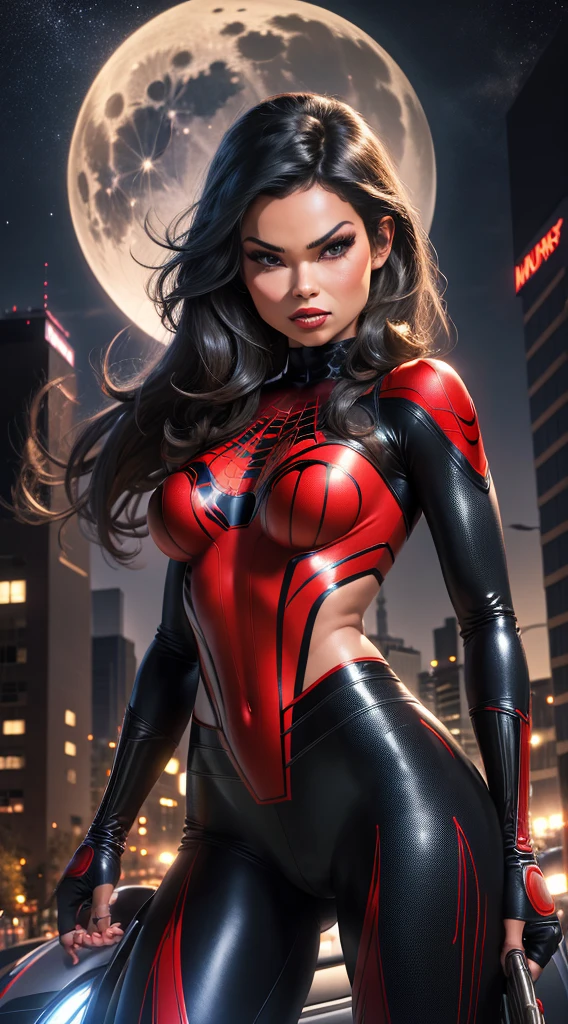 Sexy Latina ((Daisy Marie)) dressed as Spider-Man, sexy with 34dd tits, gorgeous face, beautiful, curves, hourglass figure, highly detailed, masterpiece, 96k HDI Vector unity rendering, full moon in background, stars in sky, city lights, New York, nighttime, spider web, perfect cinematic mcu lighting,