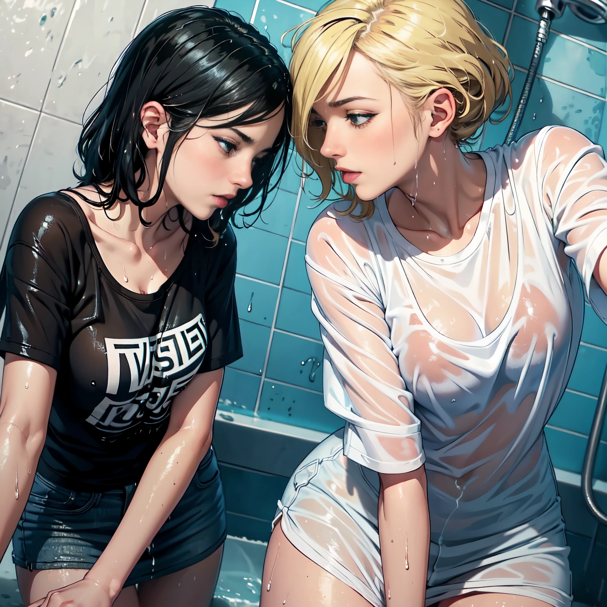 two women in a bathroom looking at each other, lips touching, wet shirt, lesbians, wet, bottom angle, soaking wet, under a shower, sapphic art, cute girls, carnal ) wet, pov photo, darling wash off in the rain, in bathroom, lesbian, two girls, soaked, wet tshirt, bottom shot, wet and slimy, wash off in the rain
