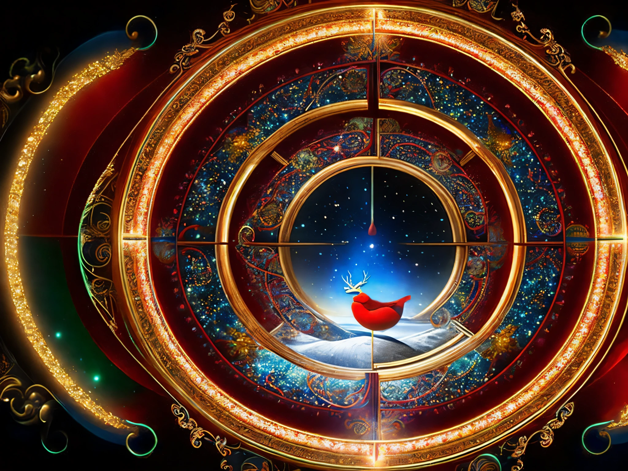 Visualize Santa's sleigh navigating through time portals surrounded by dynamic fractals, incorporating elements from various historical holidays and celebrations. enormous tits, (full body:1.5)
