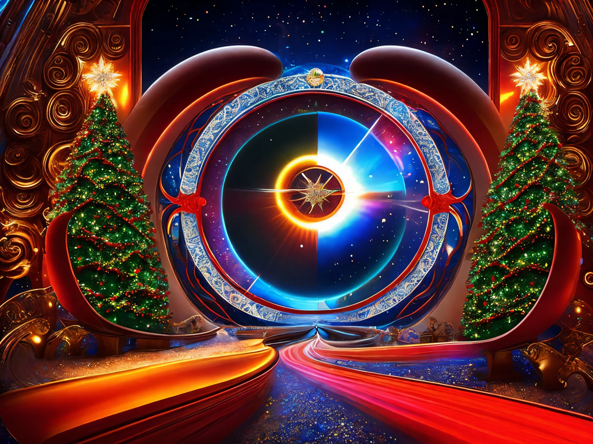 Visualize Santa's sleigh navigating through time portals surrounded by dynamic fractals, incorporating elements from various historical holidays and celebrations. enormous tits, (full body:1.5)
