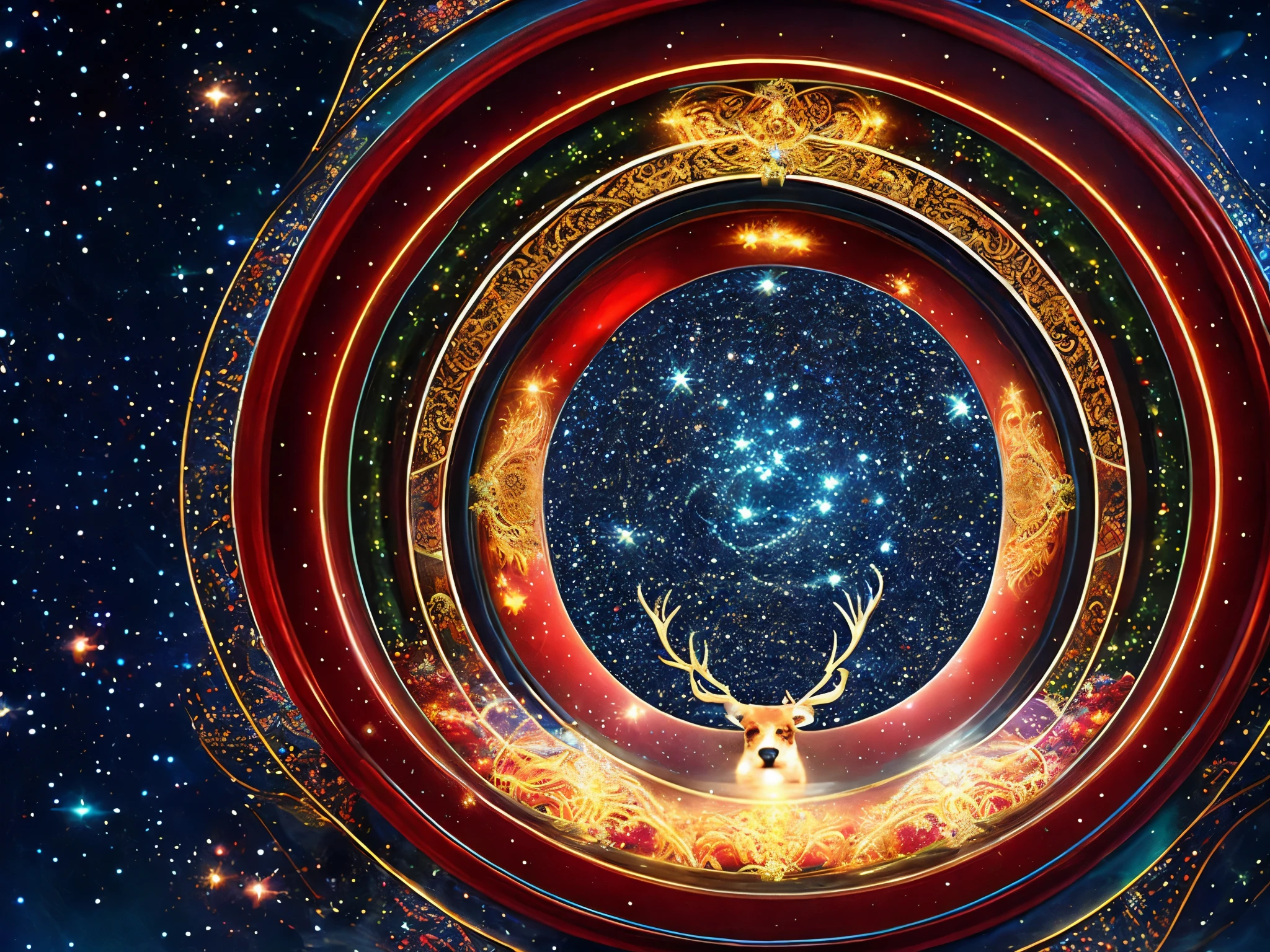 Visualize Santa's sleigh navigating through time portals surrounded by dynamic fractals, incorporating elements from various historical holidays and celebrations. enormous tits, (full body:1.5)
