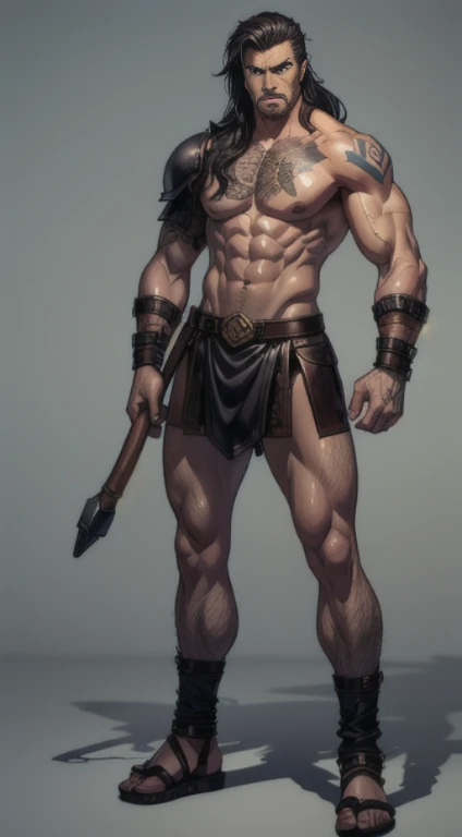 no background, background clean, standing character full body ((solo)), babarian warrior man male adult, perfect muscular body, serious face, long black hair, pretty detail eyes, beautiful detailed lips, extremely detailed eyes and face, armor barbarian, bare legs, leather sandals, ruggedly handsome, tattoo
