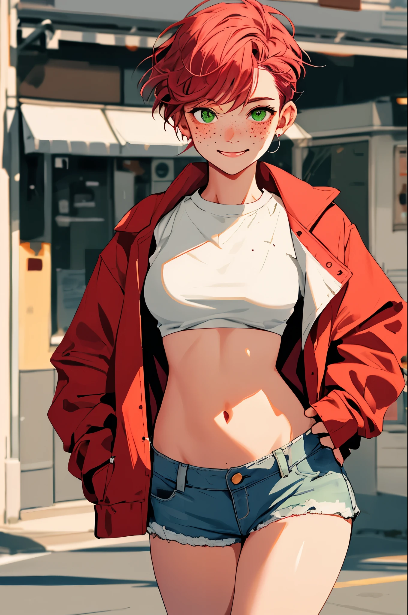 volumetric lighting, best shadows, shallow depth of field, portrait of a stunning girl, small, delicate, attractive face, seductive green eyes, happy smile, closed mouth, lovely medium breasts, (short red hair), freckles, thick eyelashes, open pink pop jacket, white underboob mini t-shirt, open belly button, thin waist, jean shorts, walking on the street, (high quality, amazing details: 1.25), bright colored paintings,  open shorts, showing the panties