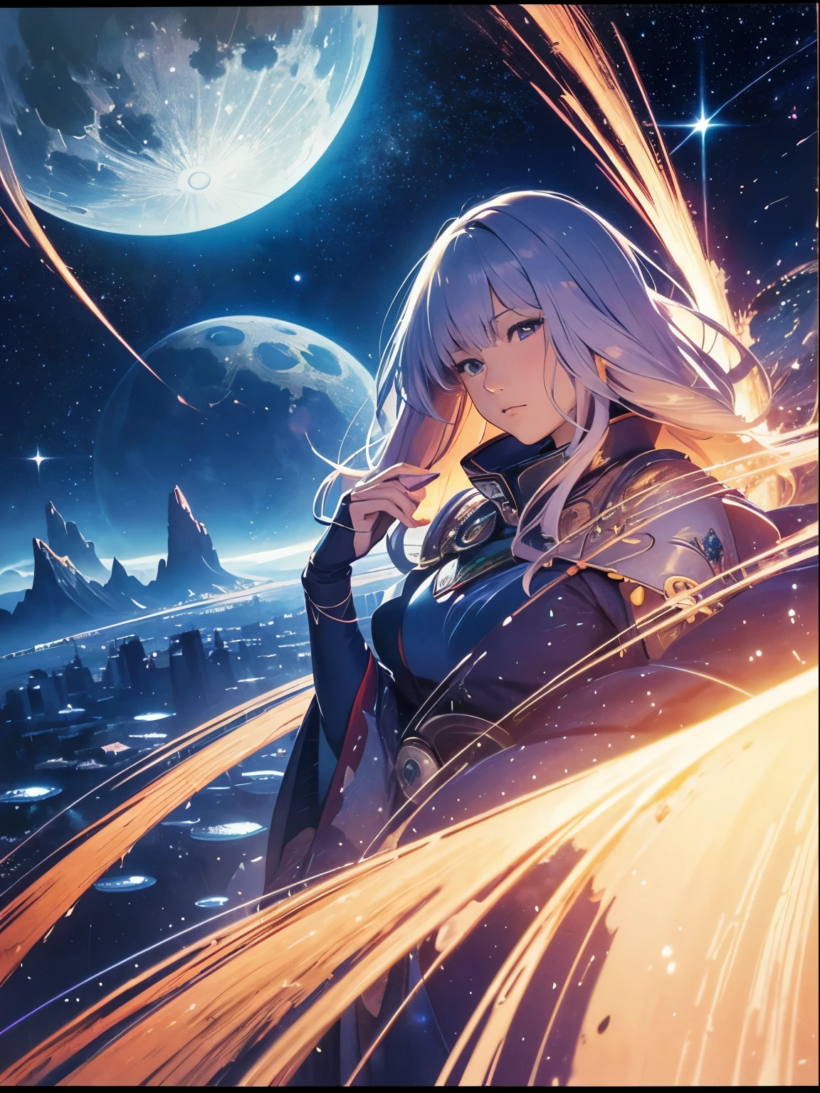 Jean Giraud, Noriyoshi Ohrai, Surreal, mysterious, strange, fantastical, fantasy, Sci-fi, Japanese anime, maiden who sews the bridges of the night, perfect voluminous body, curtain of moon and stars, flowing galaxy, space station, detailed masterpiece bird’s eye view perspectives