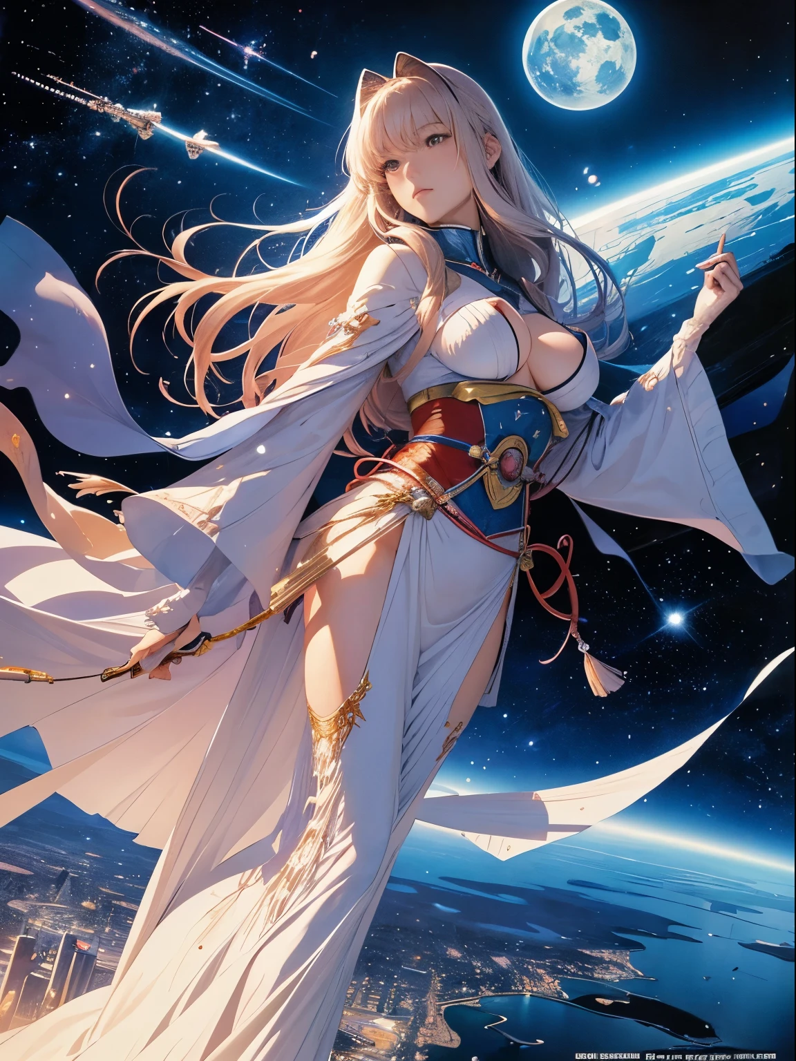 Jean Giraud, Noriyoshi Ohrai, Surreal, mysterious, strange, fantastical, fantasy, Sci-fi, Japanese anime, maiden who sews the bridges of the night, perfect voluminous body, curtain of moon and stars, flowing galaxy, space station, detailed masterpiece bird’s eye view perspectives