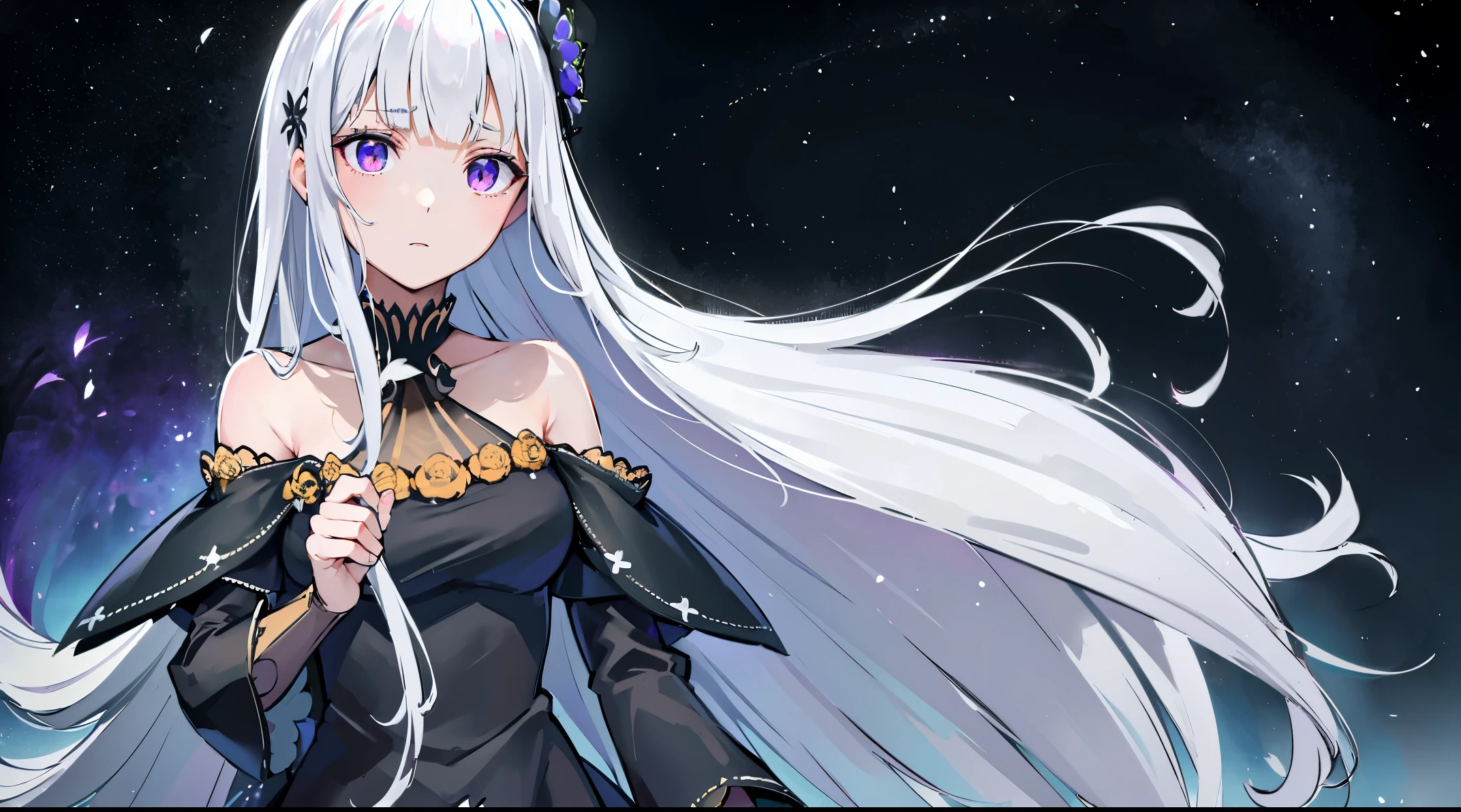 ((4k, masterpiece, top-quality)),8k, best quality, high resolution, HD, (illustration:0.8), (beautiful detailed eyes:1.6), extremely detailed face, perfect lighting, (perfect hands, perfect anatomy), super complex details, intricate details, 1girl, solo, long white hair, looking at viewer, standing, flowers, purple eyes, hair ornament, flower ribbon, wedding dress, outdoors, bridal veil, long dress, black dress, hoop skirt, clover 2D, (Satella_ReZero), voile, cowboy shot,