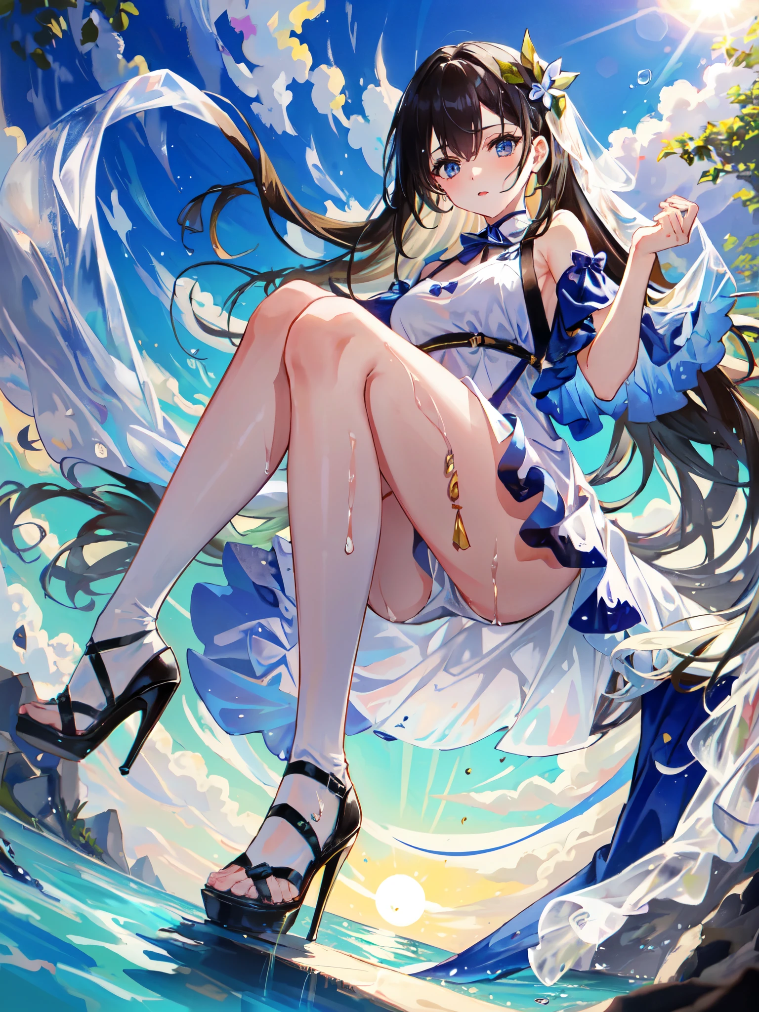 1 girl, Alone, A high resolution,looking at viewert, tmasterpiece,Best quality at best, The is very detailed, perfect litthing, , high-heels, and the sun was shining brightly, Light tracing, long whitr hair, Detailed beautiful face, looking at viewert, , Wet with, White dress, ssee-through, upper legs,