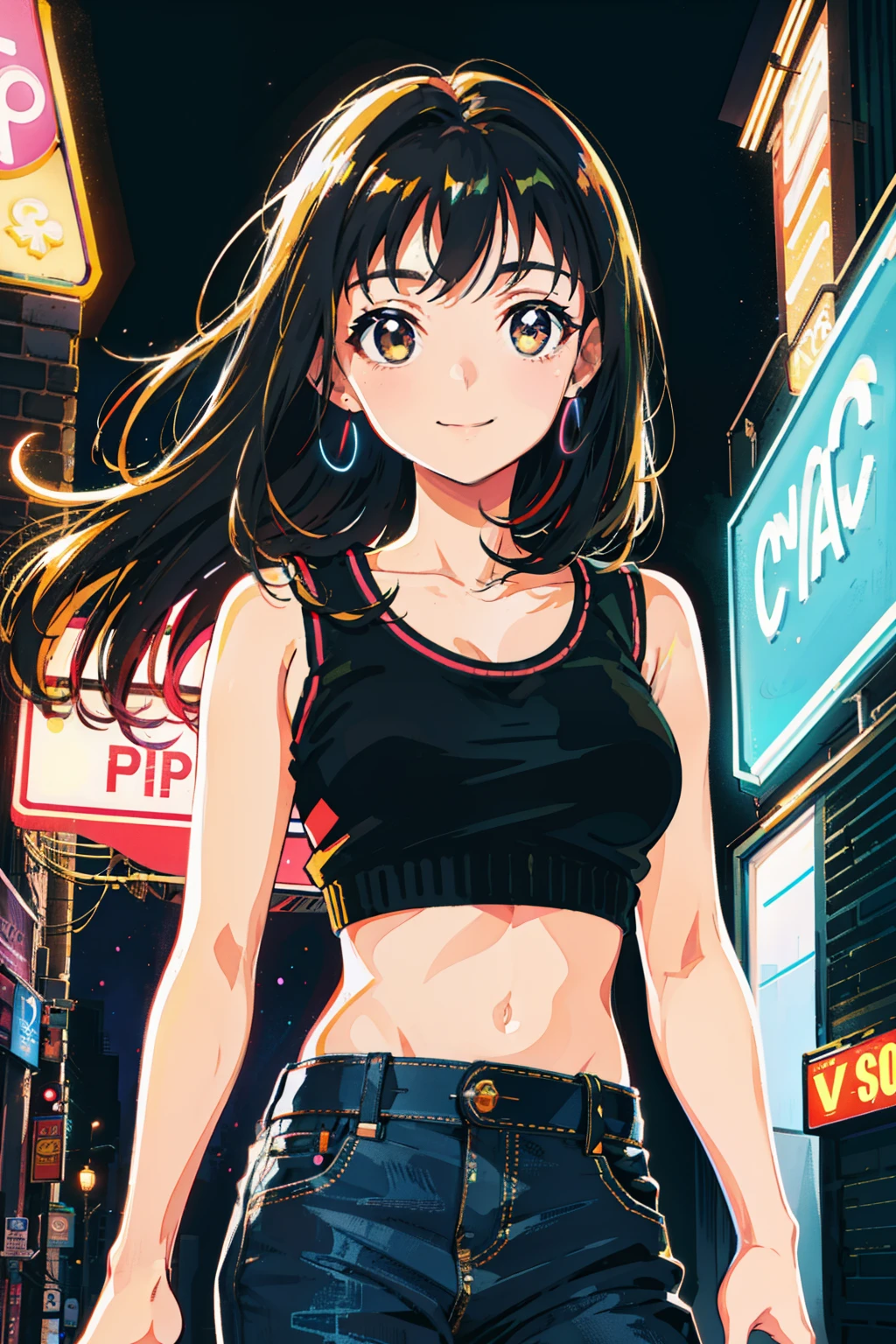 masterpiece, best quality, 1girl, city pop, night, neon light, looking at another, cowboy shot, vector illustration, crop top, light smile, blunt bangs, long hair, tube top, bare shoulders