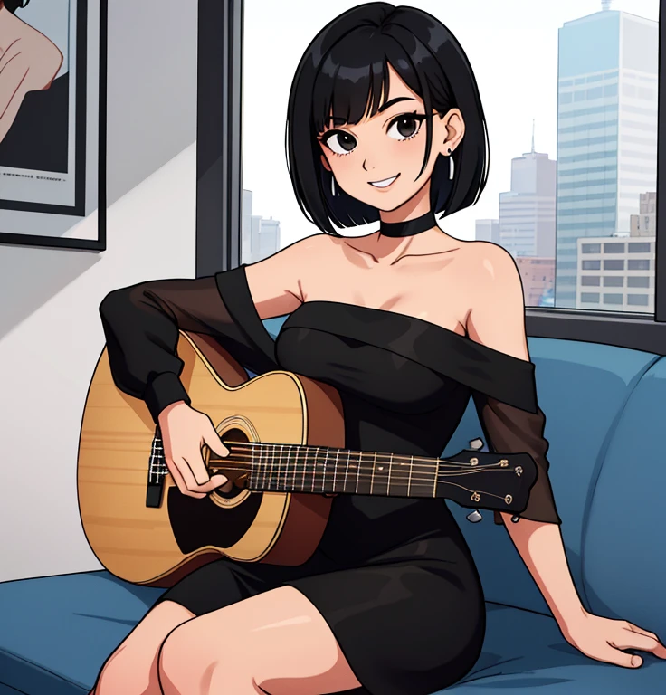 (best quality, highres, high quality), (masterpiece) 1 girl, solo, 1 girl, teenage, black hair, short black hair, medium hair, bob hair, black eyes, little black dress, strapless dress, short bodycon dress, skin-tight dress, smile, choker, fancy hotel, high quality, Upperbody. perfect fingers, point earrings, looking at viewer, playing guitar, indoor, sitting down.