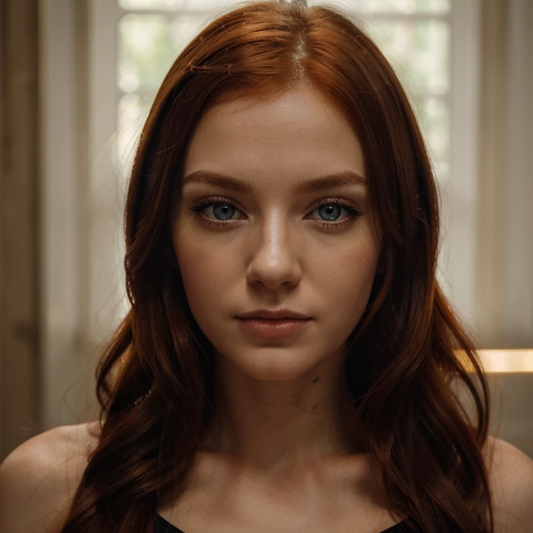 Caucasian red hair mid 20s girl, fit, staring at the viewer, realistic wearing a makeup wearing a long dress somewhere in Eastern Europe, glowing hazel greenish eyes, intense, solodramatic lightinasterpiece:1.2), best quality, high resolution, beautiful detailed, extremely detailed, perfect lighting