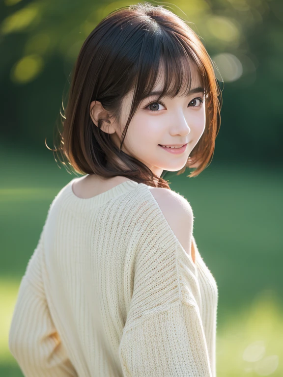 (8k, RAW photo, best quality, masterpiece, ultra detailed:1.2),(realistic, photo-realistic:1.4), sharp focus, depth of field, blur background, bokeh, cinematic lighting, soft light, cute Japanese idol, (detailed skin: 1.2), pale skin, brown eyes, smiling, happy, looking at viewer , dark green sweater, (upper body shot:1.2), (looking back:1.2)