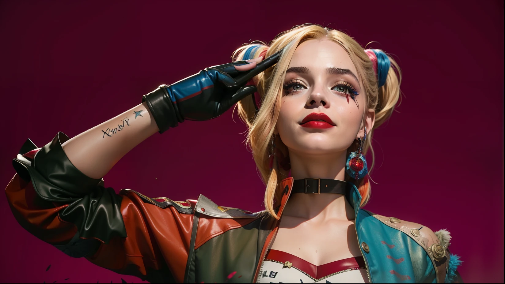 a woman with makeup and makeup is posing for a photo, portrait of harley quinn, harley quinn, film still of harley quinn, harley queen, of harley quinn, harley quinn standing, margot robbie as harley quinn, elizabeth olsen as harley quinn, emma watson as harley quinn, harley quinn film still, emma watson is harley quinn, margot robbie as tank girl