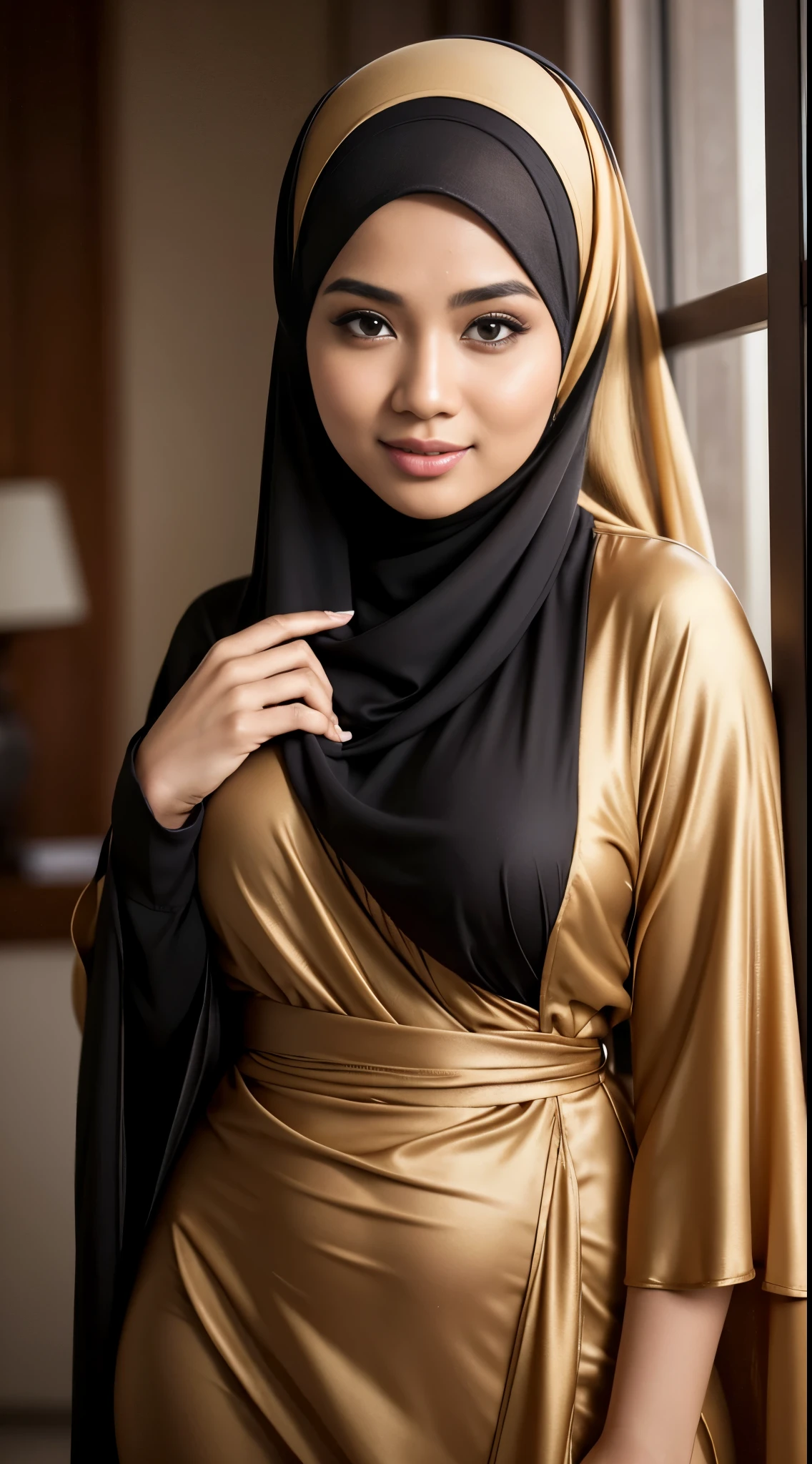 RAW, Best quality, high resolution, masterpiece: 1.3), beautiful Malay woman in hijap:0.8),1beautiful Malay woman in hijab wearing modern youth Muslim clothing,big breast, modest fashion, flowing shawl, portrait photography, mid shot photo, ultra detail, professional photo with professional lighting, smile, random background, sexy seductive pose, curvy ,