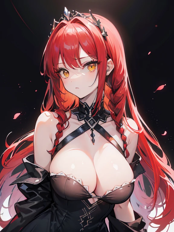 (bestquality, masterpiece), (An elegant girl , 1girl , solo, "black and silver Dress ", off-the-shoulder, boobs standing, looking at the audience, "Red Hair", Long-haired, "braids" , Diadem, Gradient Dark Yellow eyes, closed mouth, upper body ), (white background)