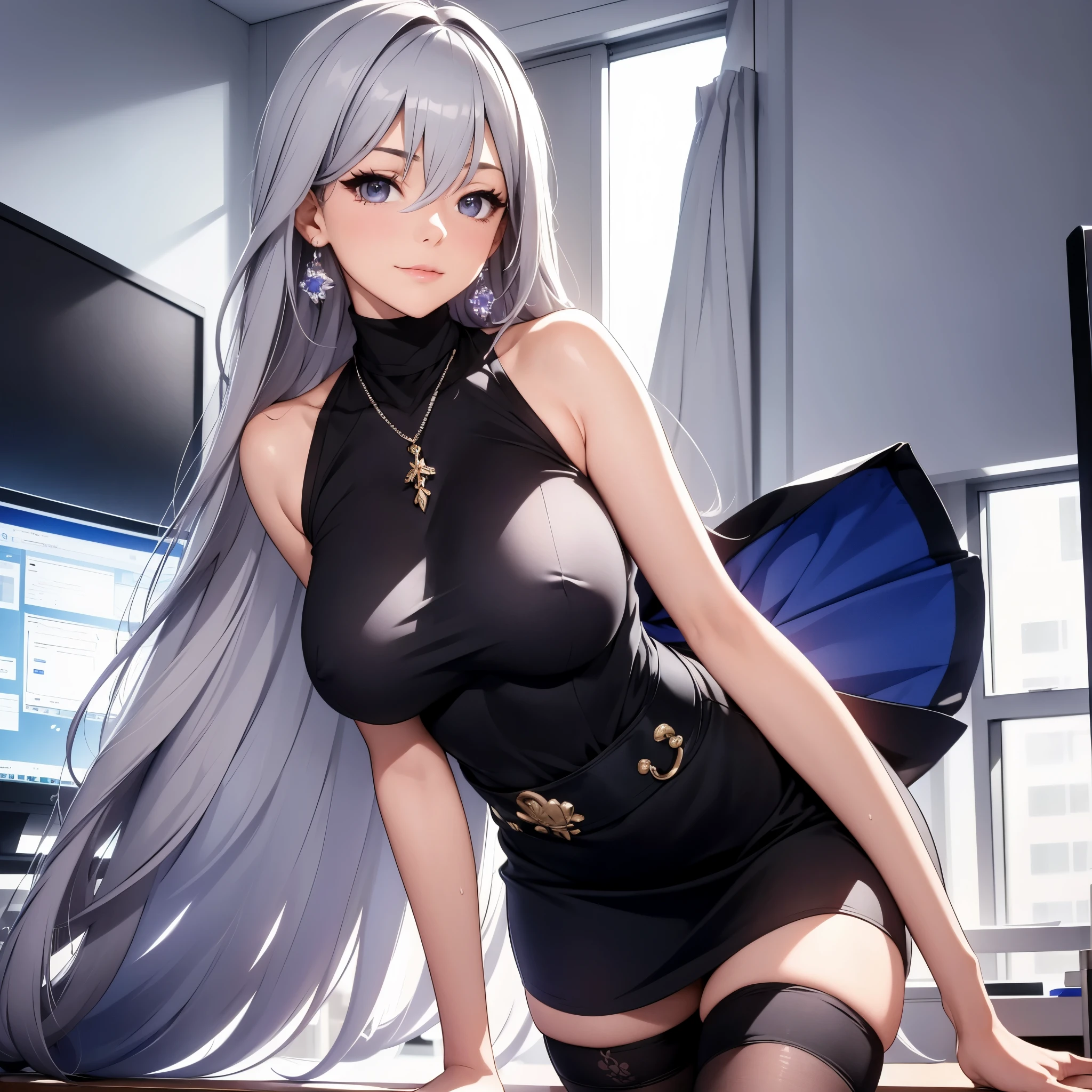 Masterpiece, best quality, highres, highly detailed, 1 girl, long hair, silver hair, gray eyes, pair purple and blue earrings, large breast, Women's Sleeveless turtleneck, black skirt, black stocking, she wet, nipple perked out from under shirt, both hands grab breast pose, inside office, office background, looking at viewers