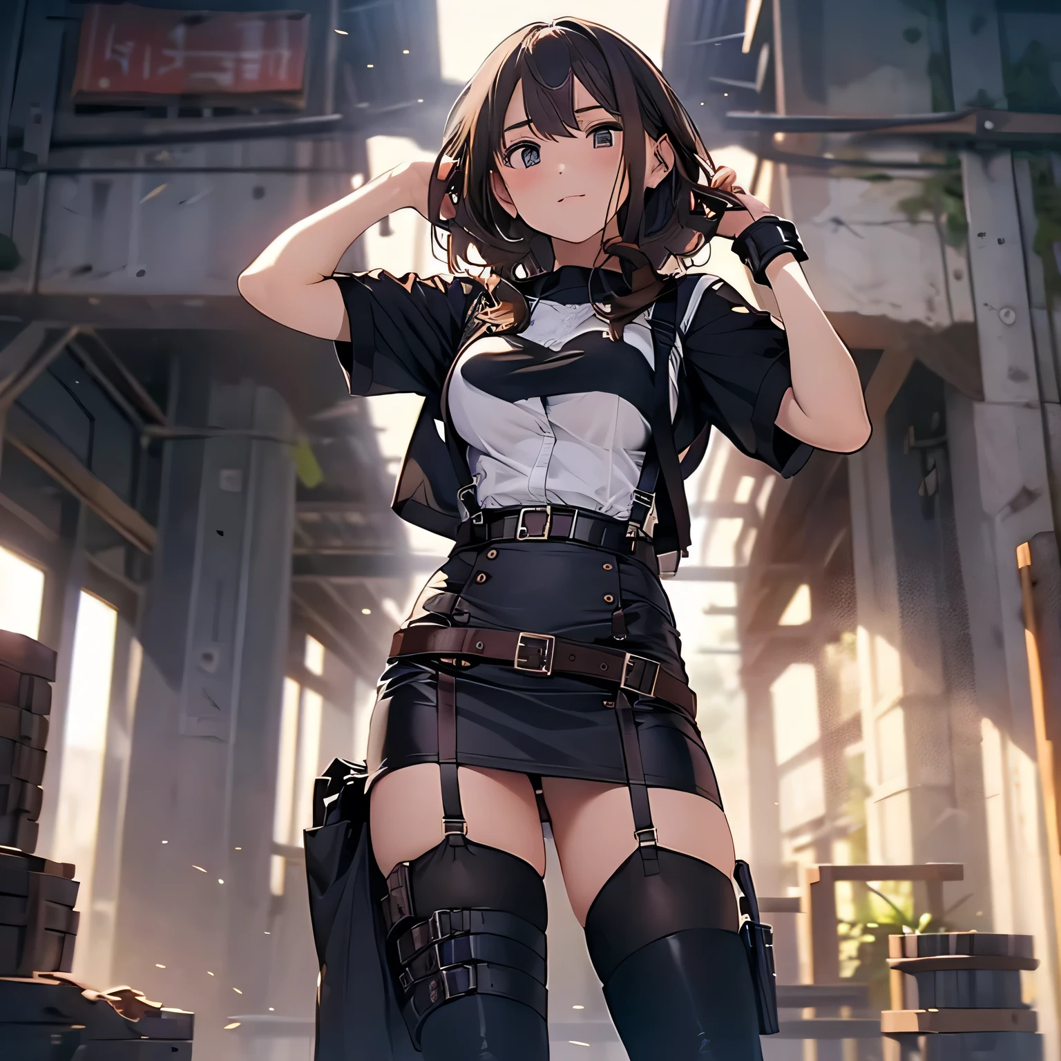 Brown hair、watching at viewers black suspenders bulging big tits walls: Black miniskirt garters Gaze a small face bangss holster Beautuful Women Hands up レッグholster ベッドに横たわる Gaze black boots panty shot Provocation flank flank汗 Soio arms are
