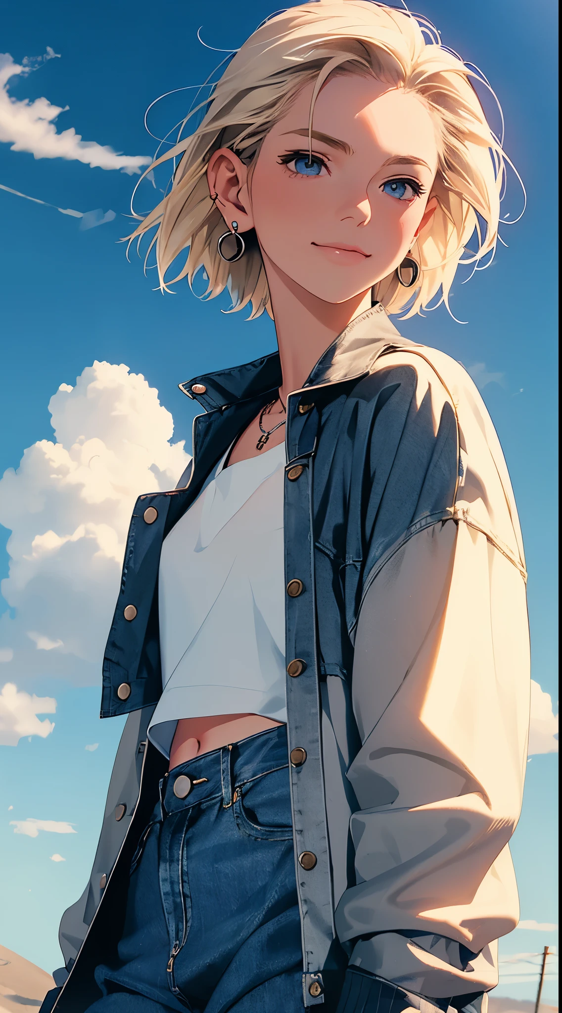 1girl in, Solo, Android 18, Blonde hair, Blue eyes, Short hair, Jewelry, earrings, Smile, Jacket, Looking to the side, denim, Denim jacket, Upper body, lingerie, Closed mouth, cloud, skyporn, day, Looking away, Blue sky, 鎖骨,