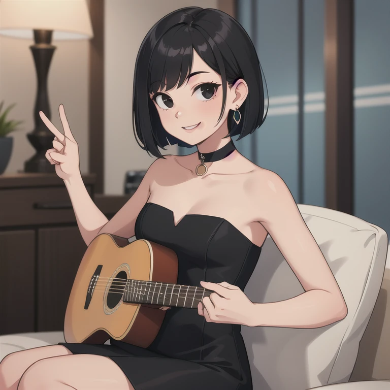 (best quality, highres, high quality), (masterpiece) 1 girl, solo, 1 girl, teenage, black hair, short black hair, medium hair, bob hair, black eyes, little black dress, strapless dress, short bodycon dress, skin-tight dress, smile, choker, fancy hotel, high quality, Upperbody. perfect fingers, point earrings, looking at viewer, playing guitar, indoor, sitting down.
