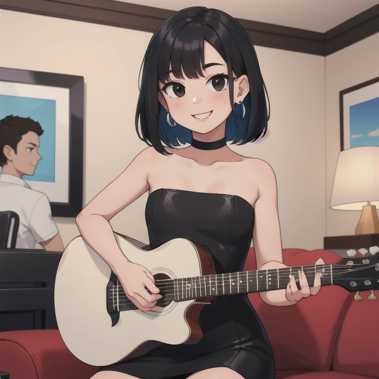 (best quality, highres, high quality), (masterpiece) 1 girl, solo, 1 girl, age, black hair, short black hair, medium hair, bob hair, black eyes, little black dress, strapless dress, short bodycon dress, skin-tight dress, smile, choker, fancy hotel, high quality, Upperbody. perfect fingers, point earrings, looking at viewer, playing guitar, indoor, sitting down.