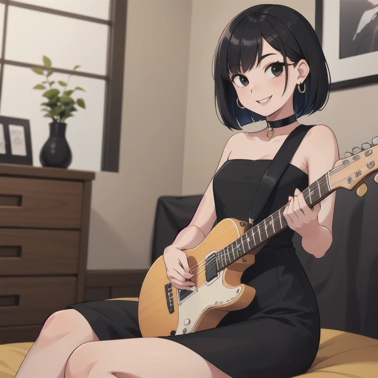 (best quality, highres, high quality), (masterpiece) 1 girl, solo, 1 girl, age, black hair, short black hair, medium hair, bob hair, black eyes, little black dress, strapless dress, short bodycon dress, skin-tight dress, smile, choker, fancy hotel, high quality, Upperbody. perfect fingers, point earrings, looking at viewer, playing guitar, indoor, sitting down.