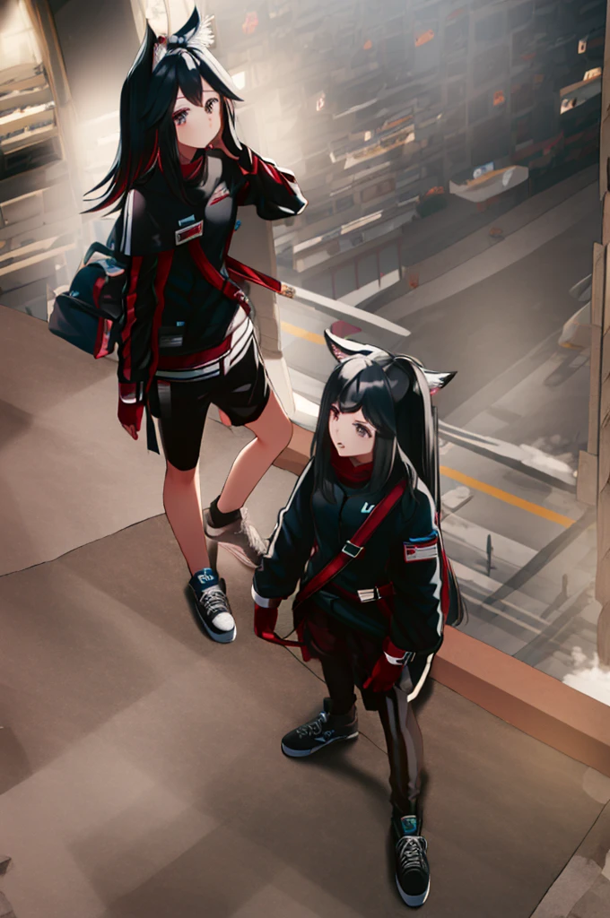 1girl, animal ears, dark hair, medium hair, arknights, intricate details, black shorts, sneakers, street , stay a city bus