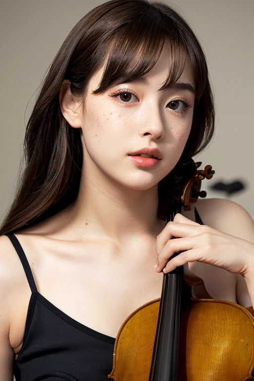 ((Best Quality)), ((masutepiece)), (Detailed), Perfect face, ((girl kissing cello))、The upper part of the body、barechested、25-years old、Cute little girl s、Plump lips、Smaller chest、hitornfreckles、sexy facial expression、25-years old