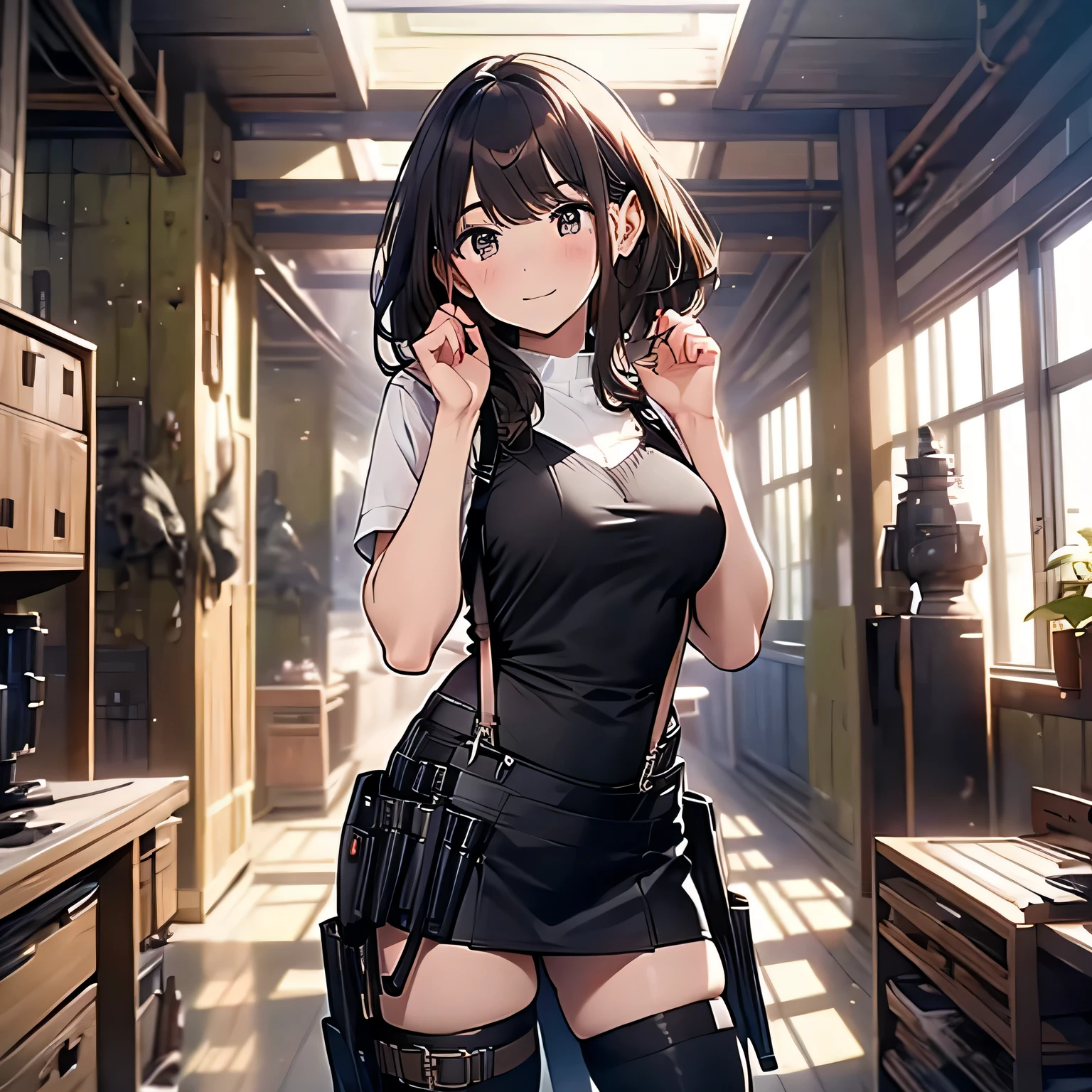 Brown hair、watching at viewers black suspenders bulging big tits walls: Black miniskirt garters Gaze a small face bangss holster Beautuful Women Hands up レッグholster ベッドに横たわる Gaze black boots panty shot Provocation flank flank汗 Soio arms are