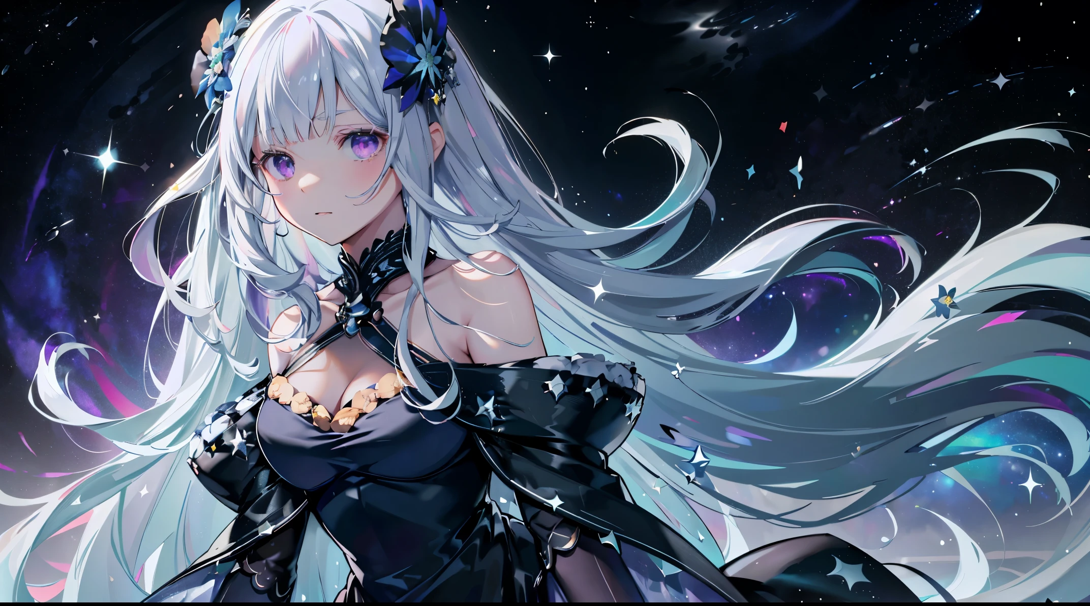 (best quality, masterpiece:1.2), 1girl, (ultra-detailed), (illustration), (detailed light), (an extremely delicate and beautiful), a girl, cute face, upper body, two legs, long dress, (beautiful detailed eyes), stars in the eyes, messy floating hair, (Satella_ReZero), voile, cowboy shot, purple eyes, black dress, hair ornament, colored inner hair, Starry sky adorns hair, (lots_of_big_colorful_Bubble), pearl, (Galaxy:1.6), depth of field, mocha