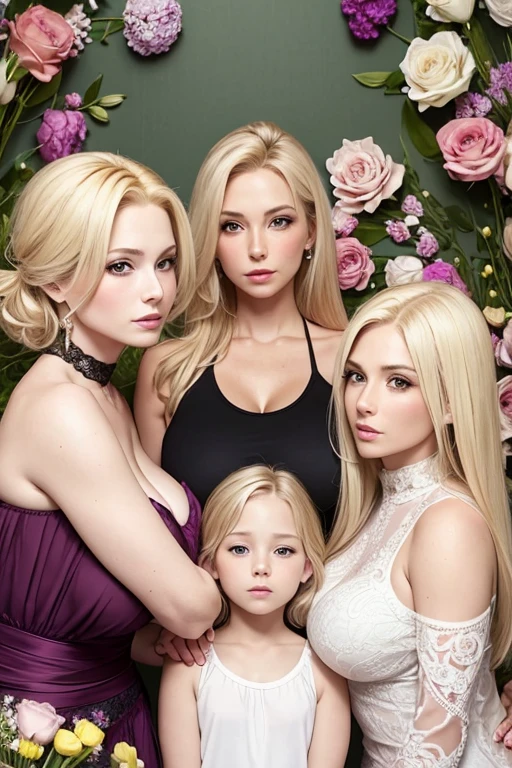 blonde mom and two daughters, blondes,mature mother curvy clothes with clearvage, reference tsunade mother, daughter beautiful britishs, super models , sexy, lesbians intimacy, provocant clothes. with flowers background