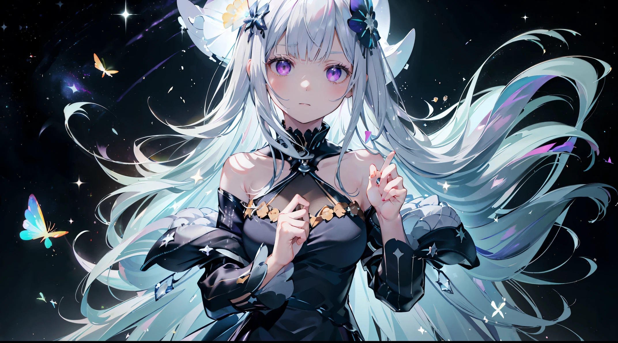 (best quality, masterpiece:1.2), 1girl, (ultra-detailed), (illustration), (detailed light), (an extremely delicate and beautiful), a girl, cute face, upper body, two legs, long dress, (beautiful detailed eyes), stars in the eyes, messy floating hair, (Satella_ReZero), voile, cowboy shot, purple eyes, black dress, hair ornament, colored inner hair, Starry sky adorns hair, (lots_of_big_colorful_Bubble), pearl, (Galaxy:1.6), depth of field, mocha