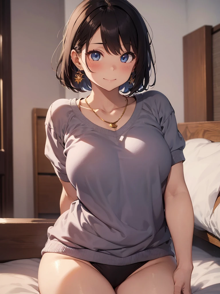 Masterpiece, 1girl, chubby with light brown hair and deep shiny blue eyes that are attractive, wearing a sweatshirt and panties that show her thick thighs, medium sized boobs, 4K quality, ultra detailed, cute face, gentle smile, blush, Short Hair mixups, earrings, gold necklaces, bedroom background.