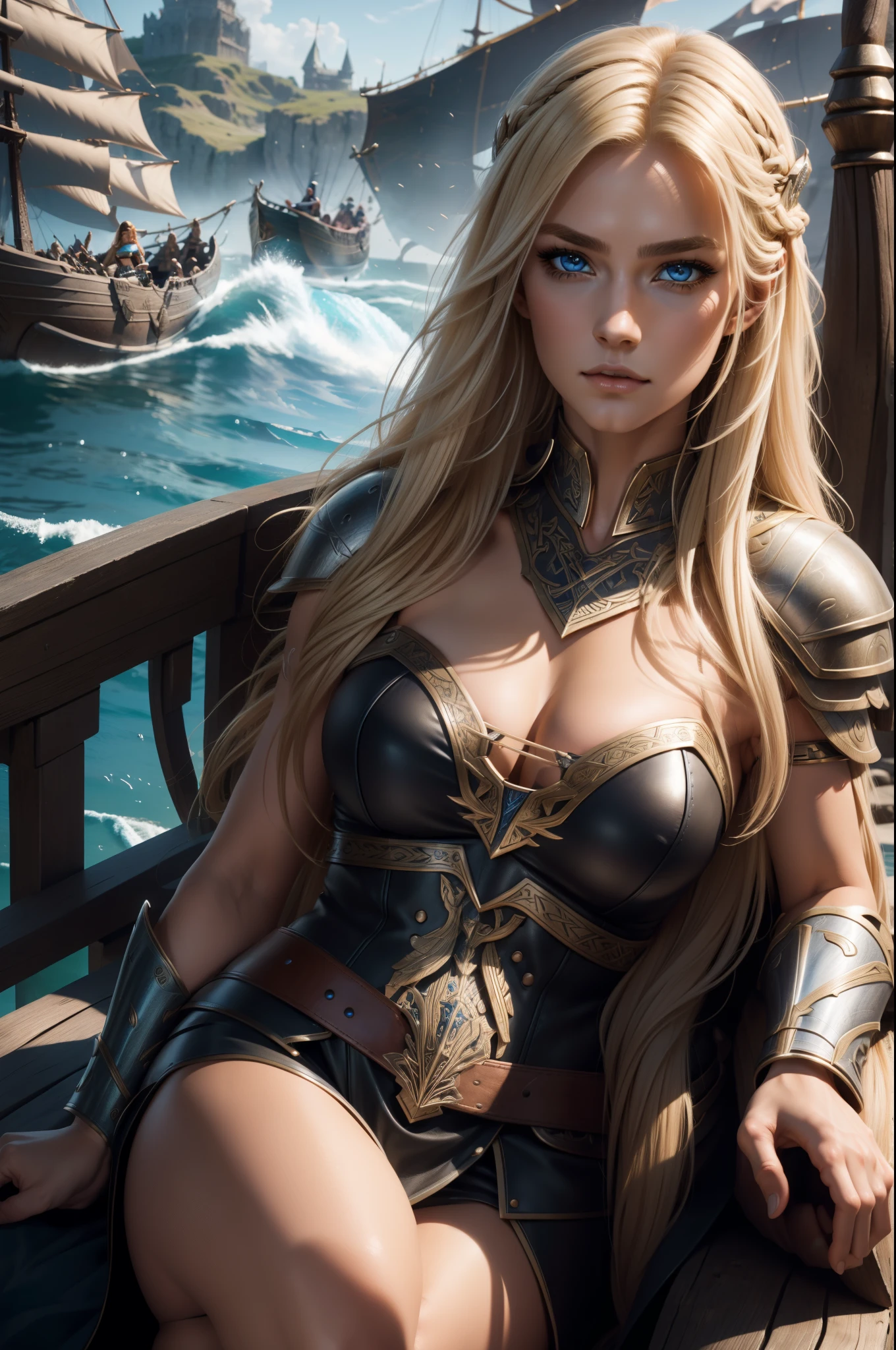 Gorgeous Woman, Valkyrie, Long blonde hair, blue eyes, detailed facial features, proportional hands, proportional fingers, leather armor, viking ship,