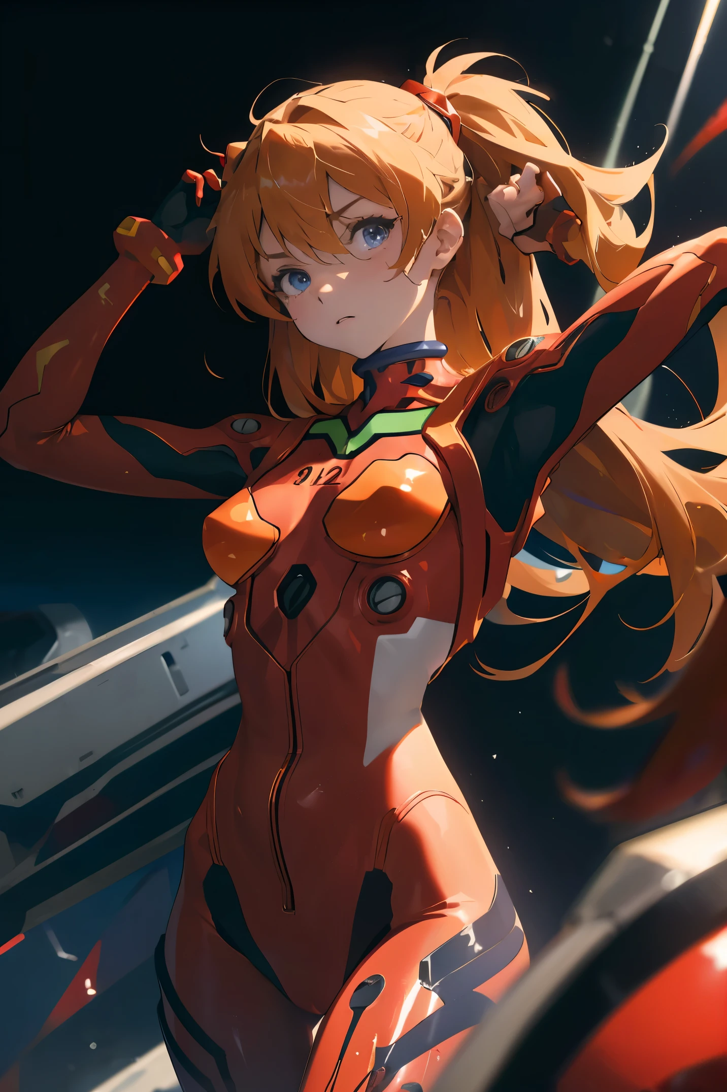 (masterpiece, best quality), 1girl, beautiful face, beautiful body, souryuu_asuka_langley, plugsuit, bodysuit, interface headset, red bodysuit, hair between eyes, pilot suit