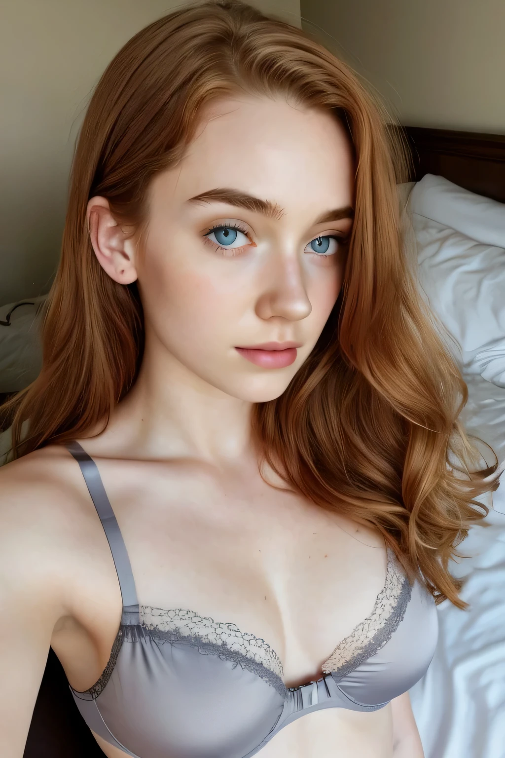 1girl in, age19, Solo, Aesthetic artwork, irish, wavy ginger hair, shoulder length hair, gray eyes, light grey eyes, pale skin, A-cup, small breasts, runners body, (textured skin, skin pores:1.1), goosebumps, taking selfie in bed at night time, sexy silk bra, close-up, hands hidden, dim lighting in the room, no sunlight