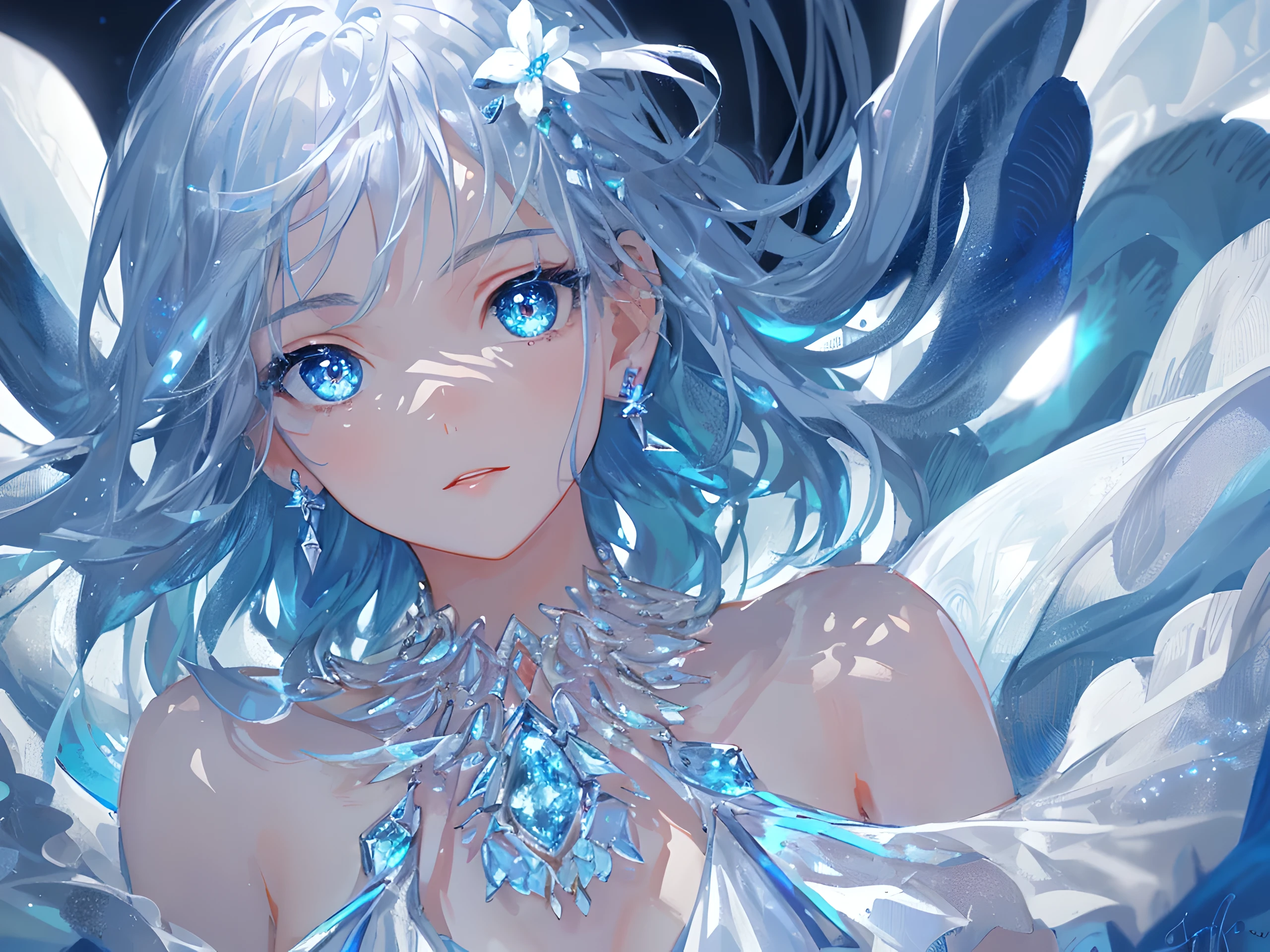 masterpiece, best quality, illustration, sax blue, platinum earrings, platinum necklace, white dress, 1girl, cute, (dynamic lighting:1.2), cinematic lighting, delicate facial features, detailed eyes, sharp pupils, realistic pupils, depth of field, bokeh, sharp focus, (hyper-detailed, bloom, glow:1.4), many small gems