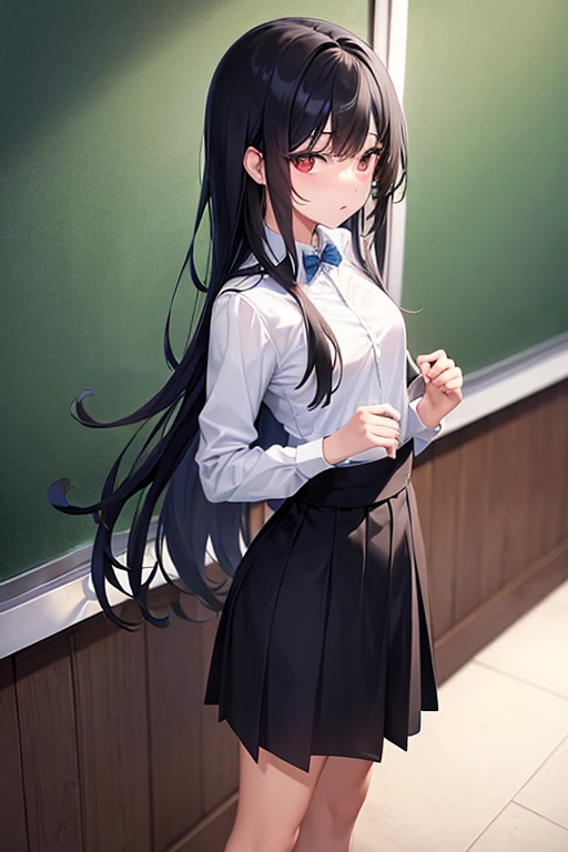 (boy), standing, school, student, long black hair, thin waist, tall, wide hips, small breasts