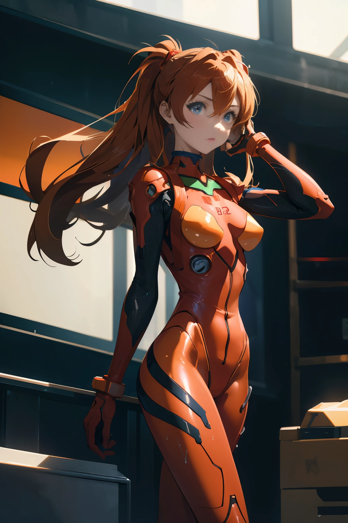 (masterpiece, best quality), 1girl, beautiful face, beautiful body, souryuu_asuka_langley, plugsuit, bodysuit, interface headset, red bodysuit, hair between eyes, pilot suit