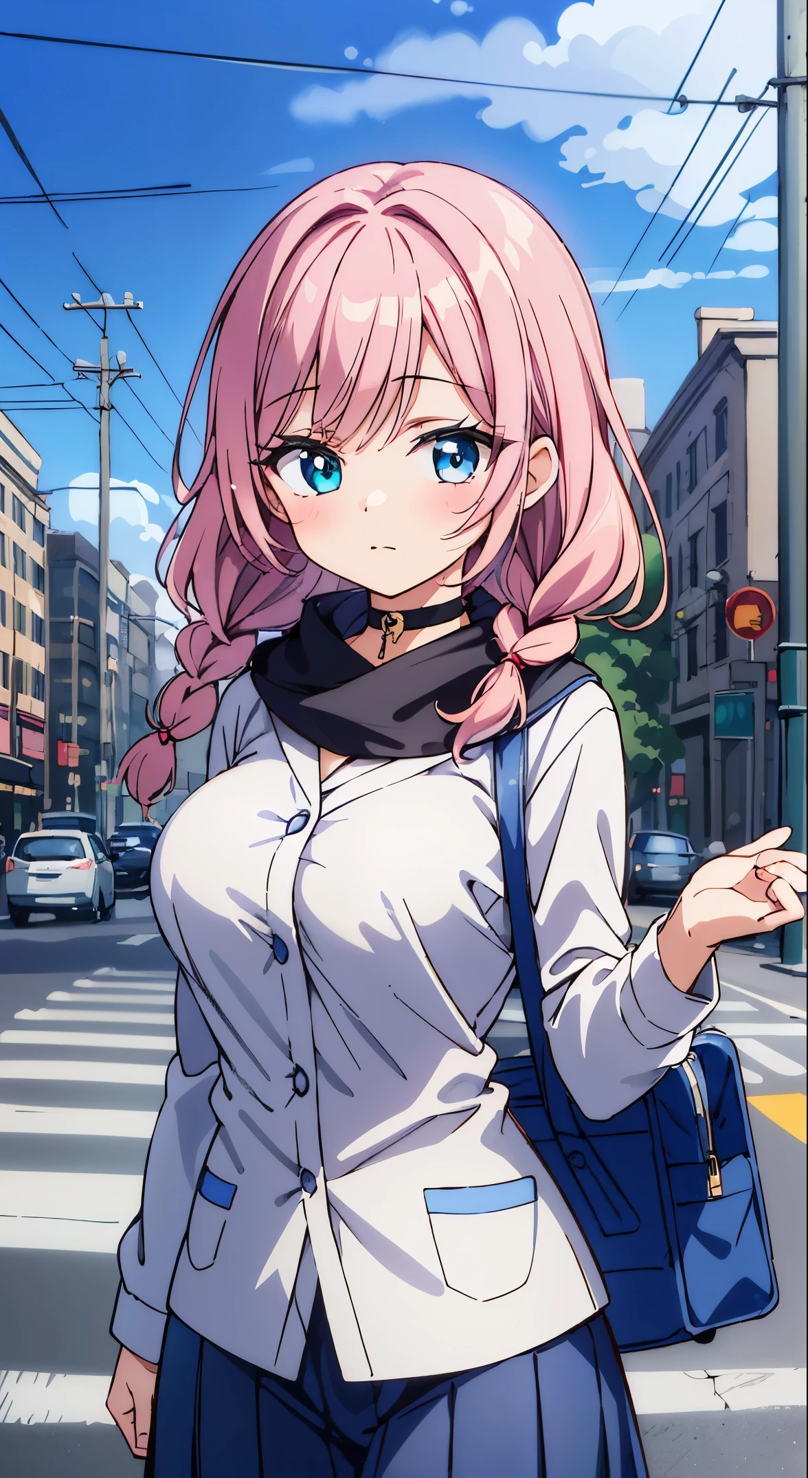 (((masterpiece))),fuyumi itadori, Anime girl characters, 1girl, solo, looking at viewer, medium hair long sleeves, cleavage, bigger breasts, closed mouth, collarbone, jacket, open clothes, open jacket, blue jacket, ground vehicle, sports bra, tall girl, horny, big ass, beautiful face,Charming,  anime visual of a cute girl, screenshot from the anime film, & her expression is solemn, ahegao face, in the anime film, in an anime, anime visual of a young woman, she has a cute expressive face, still from anime, perfect breasts, she is tall, All bodies visible, ahegao face, the face is ahegao, she is horny, A perverted face, she so perverted, she smile so perverted, hd picture, 4k quality, details of the face is so good,bigger breasts, 