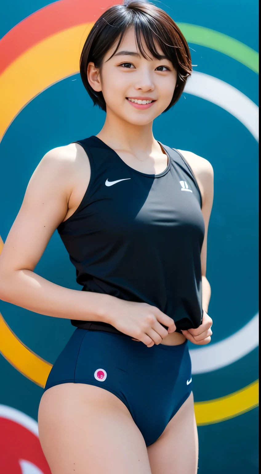 Best-quality, Masterpiece, Ultra-High-Resolution, (Photorealistic:1.4), Raw-Photo, Extremely-Details, Perfect-Anatomy,
1girl, -yeld, thost famous Japanese idol, in track and field stadium, wearing matching track and field's sleeveless colorful uniform, upturned ass wearing matching track and field's colorful uniform, looking at viewer, innocent smile,
(((extremely cute face like a most popular Japanese idol, extremely beautiful big black solid circle eyes, extremely beautiful black short-cut-haired))), extremely beautiful white skins, extremely beautiful arms, extremely beautiful fingers, extremely beautiful thighs,
detailed matching track and field's sleeveless colorful uniform, detailed track and field stadium