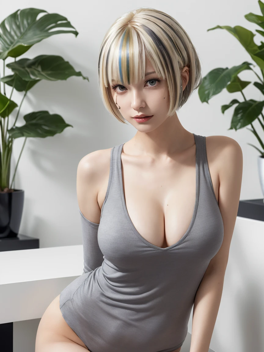 masutepiece, Best Quality, japanaese girl,1girl in, 8K, Raw photo, top-notch quality, masutepiece, nffsw:1.2, exceptionally detailed RAW color photo, professional-grade photograph, (Realistic, Photorealistic:1.37), (highly detailedskin:1.2), Ultra-high resolution, (lenz 50mm), (F/1.2),Exquisitely Detailed Eyes,Staring at the viewer,
break
With 1 girl (There are many elderly people:1.4), Beautiful face, Kawai Mile:1.05),(20yr old, wide-hips,Straight hair, (Short hair), Black eyes, white fine skin, small mouth, high cheekbones (Definition), Sexy Pose,(Leaning forward:1.3),(The to the FW:1.1), large full breasts, White panties、Korean Idol、Nogizaka Idol、hposing Gravure Idol、Astepia, top-quality:1.3), (Ultra detailed 8K cg:1.2), (hyper realisitic:1.35), (Photorealistic:1.45), (Realistic:1.4), Cowboy Shot,
(Trendy Hair Model:1.2), (pixie cut with textured top:1.4), ((platinum blonde highlights, not yellowing):1.5), ((sporting a salon smock, sleeves non-restrictive):1.2), (inner wear is a grey tank top:1.3), (looking at hair color swatches:1.3), (in a salon with modern decor and plants:1.3), ((white salon station, minimalist design):1.2)