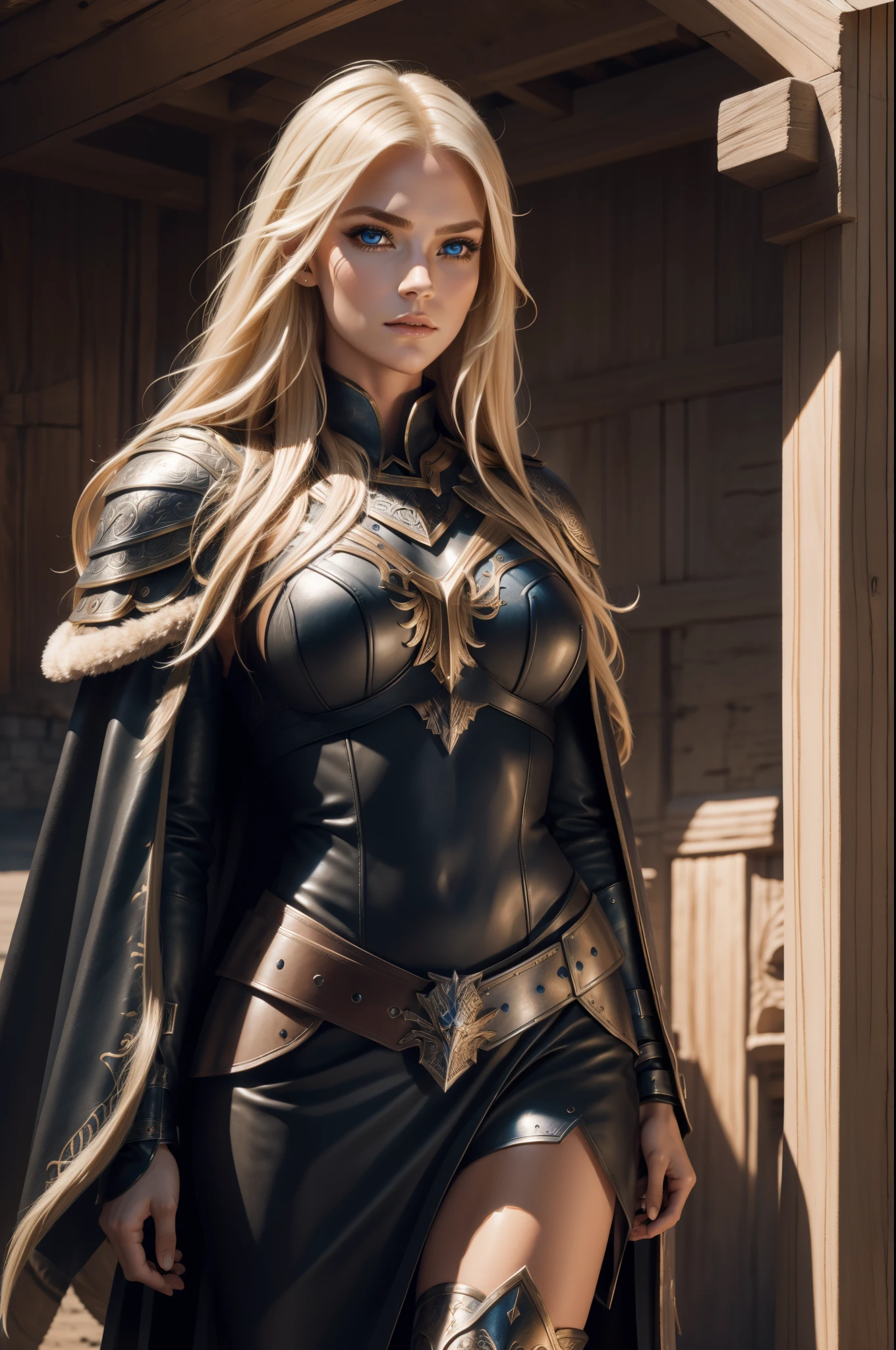 Gorgeous Woman, Valkyrie, Long blonde hair, blue eyes, detailed facial features, proportional hands, proportional fingers, leather armor, fur cape, viking ship,