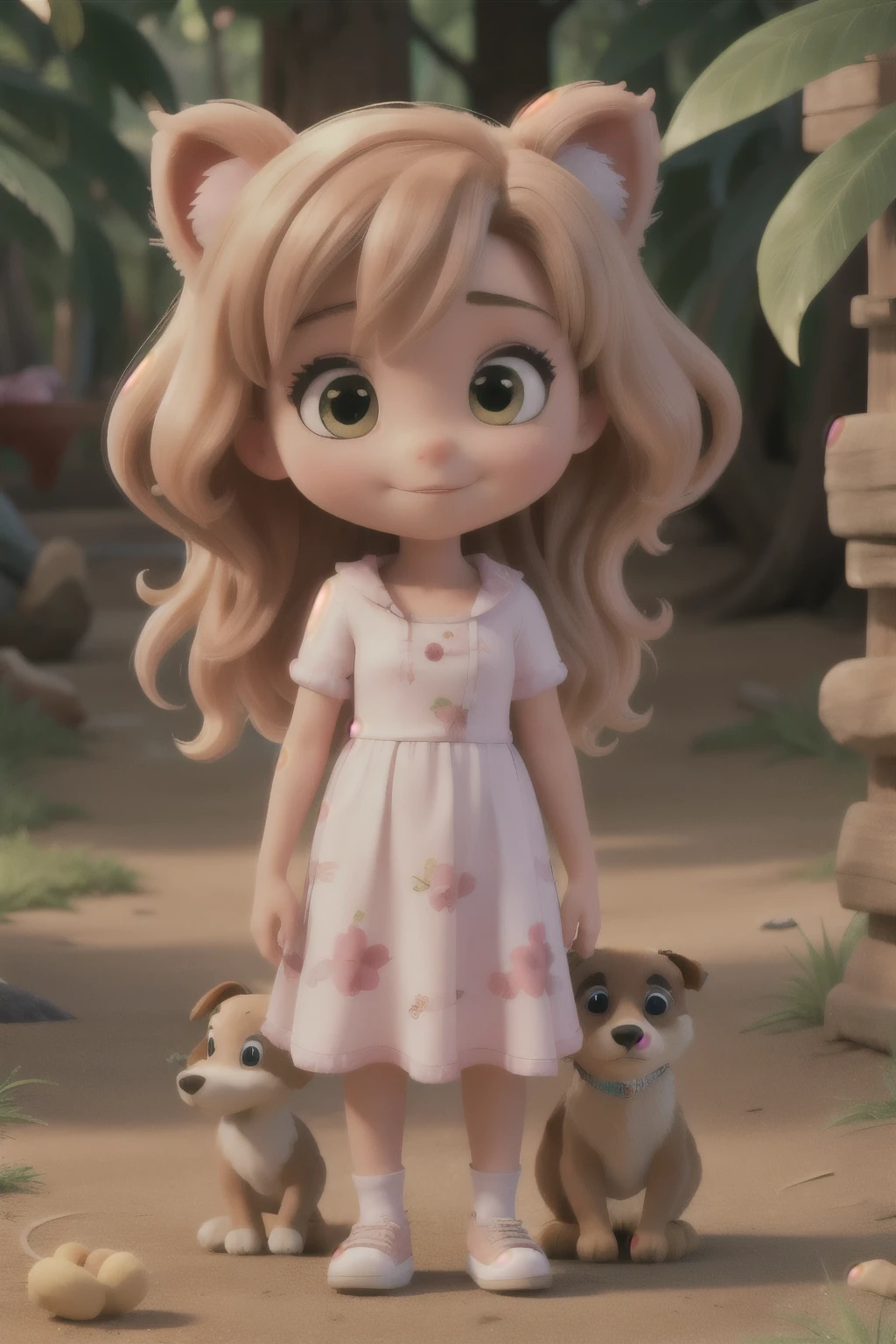 Crie uma doce e meiga perdida na floresta com seu cachorro com peludo cor de mel .