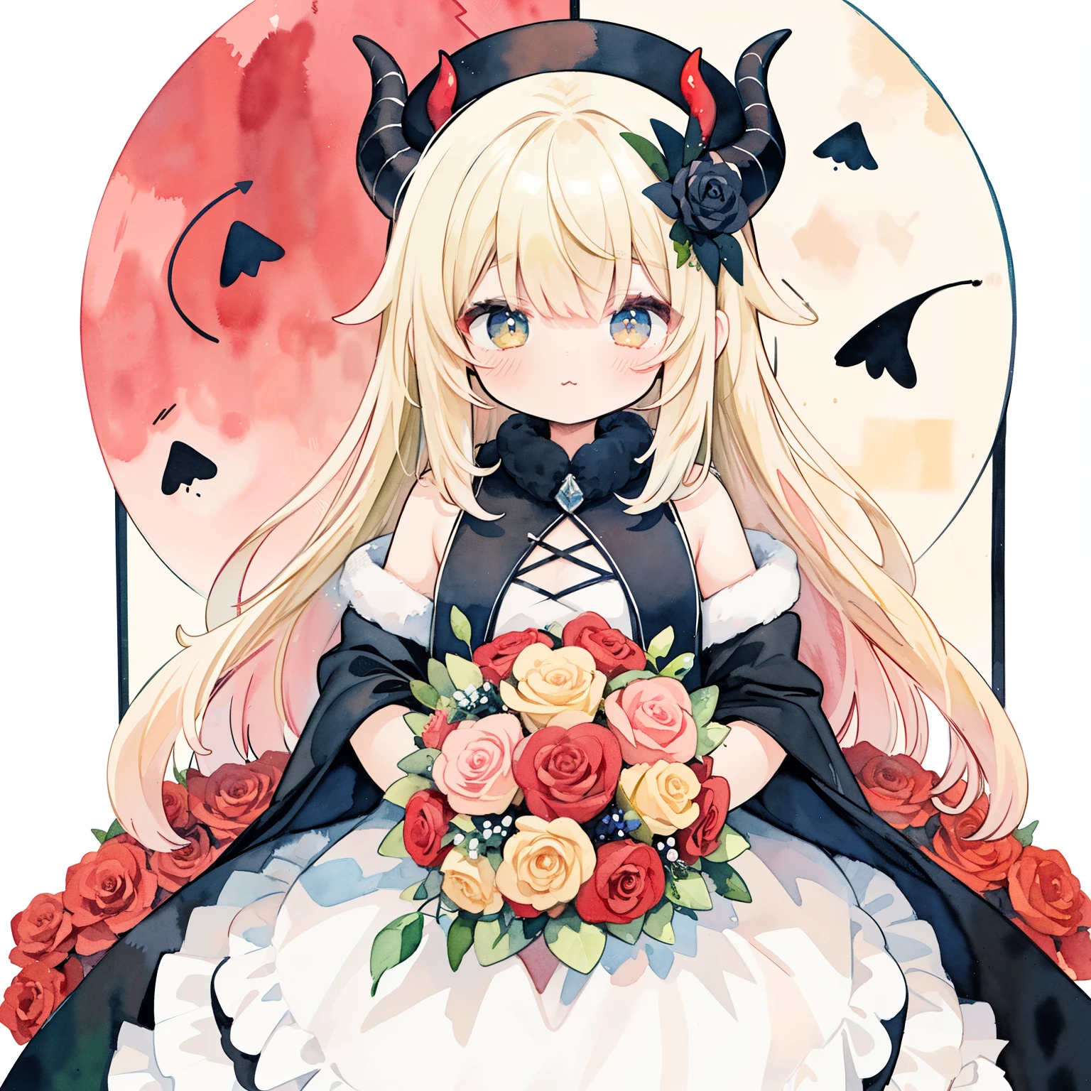 (PastelColors:1.3)、(Cute illustration:1.3)、(watercolor paiting:1.1)、blonde little devil、Devil's Feather、Devil's Tail、Red Theme、with a large bouquet、with a large bouquet
、 ,Thick wool gown:0.4