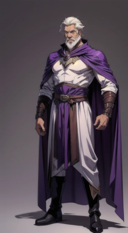 no background, background clean, standing character full body ((solo)), human old male beautiful adult, perfect slim body, beautiful charming cute face, serious face, long white hair, white beard, pretty detail eyes, extremely detailed eyes and face, dark purple armor mage, dark purple cloak, leather boots