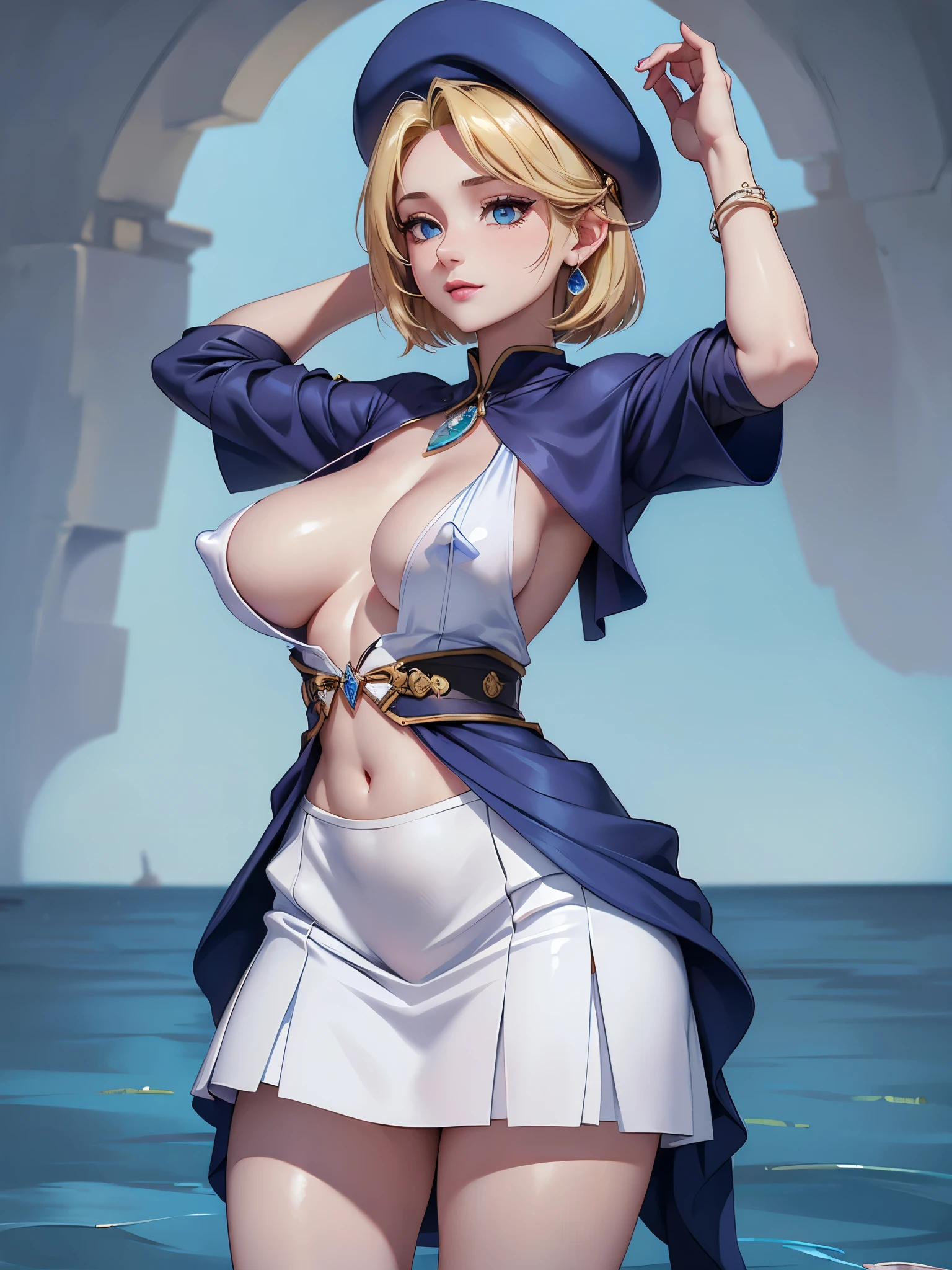 fayobo style, tmasterpiece, Best quality, 1 sister, 21yo, ssmile, red pink lips, Water-colored eyes, blue beret hat, Blonde hair, shut up, ear  ring, has cleavage, gem ear  ring, jewely, looking at viewert, mini-skirts, The shirt, Blue shawl, Short hair details, Alone, cow boy shooting, Place your hands behind your head, Desolation, Dark, hight contrast, Caustics